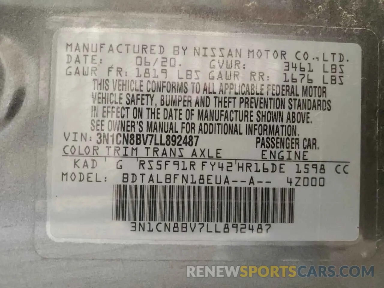 14 Фотография поврежденного автомобиля 3N1CN8BV7LL892487 NISSAN VERSA 2020