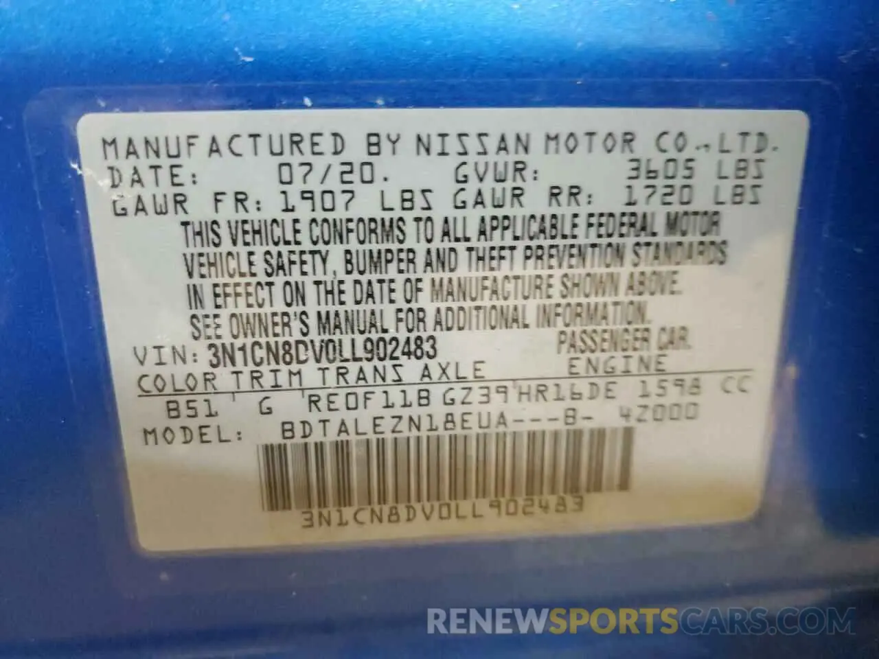 12 Фотография поврежденного автомобиля 3N1CN8DV0LL902483 NISSAN VERSA 2020