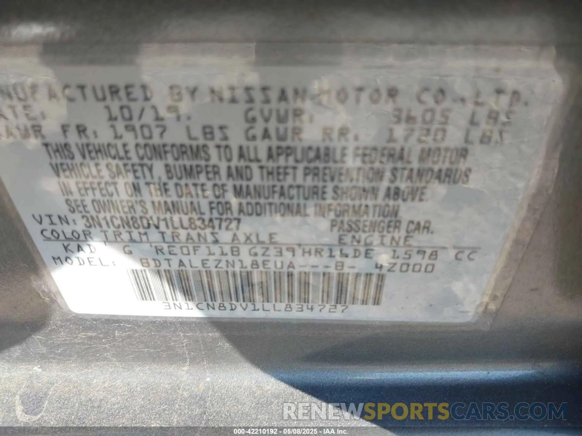 9 Photograph of a damaged car 3N1CN8DV1LL834727 NISSAN VERSA 2020