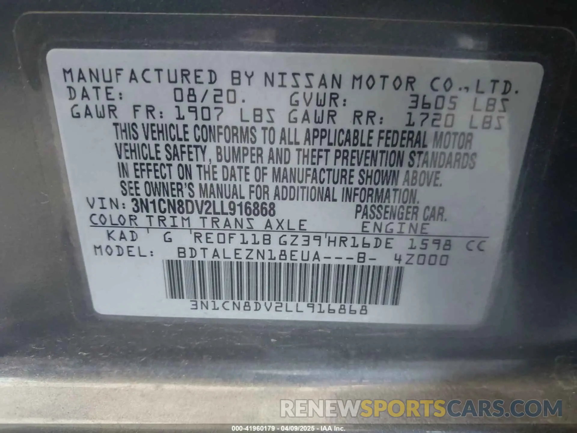 9 Photograph of a damaged car 3N1CN8DV2LL916868 NISSAN VERSA 2020