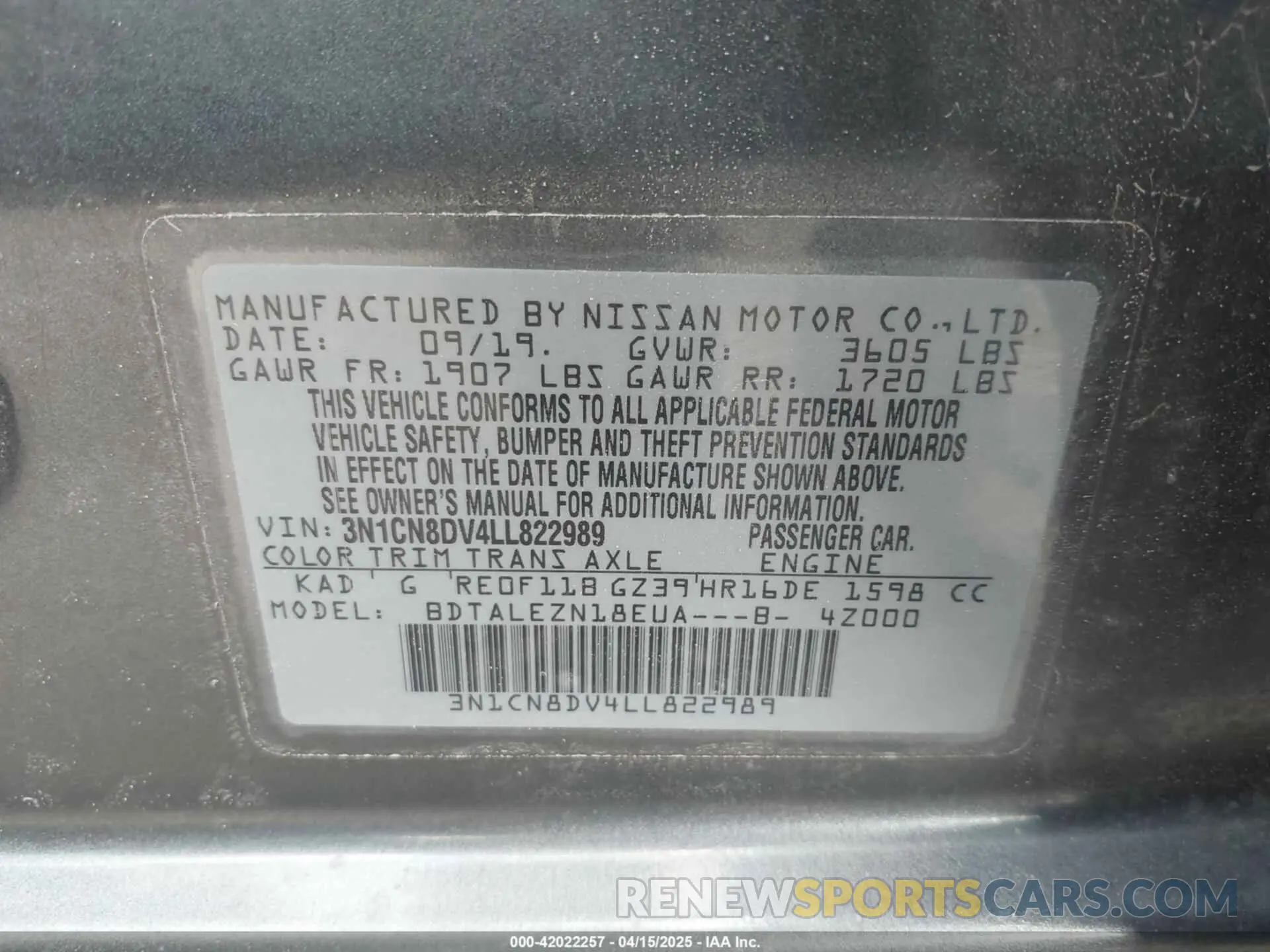 9 Фотография поврежденного автомобиля 3N1CN8DV4LL822989 NISSAN VERSA 2020