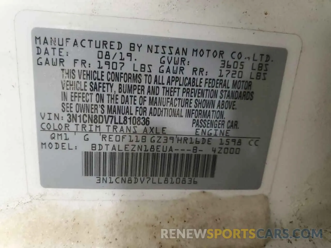 12 Фотография поврежденного автомобиля 3N1CN8DV7LL810836 NISSAN VERSA 2020