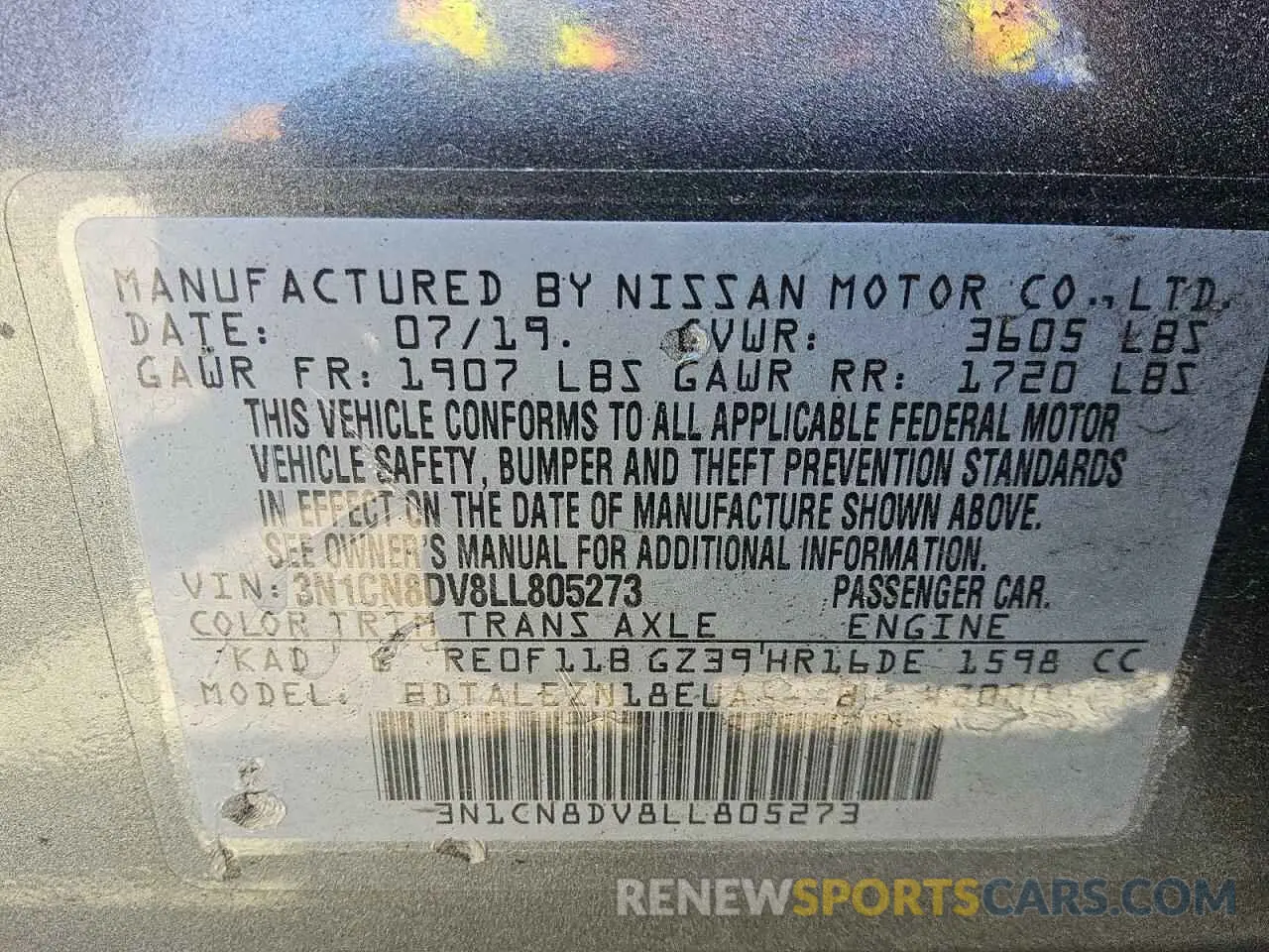 13 Photograph of a damaged car 3N1CN8DV8LL805273 NISSAN VERSA 2020