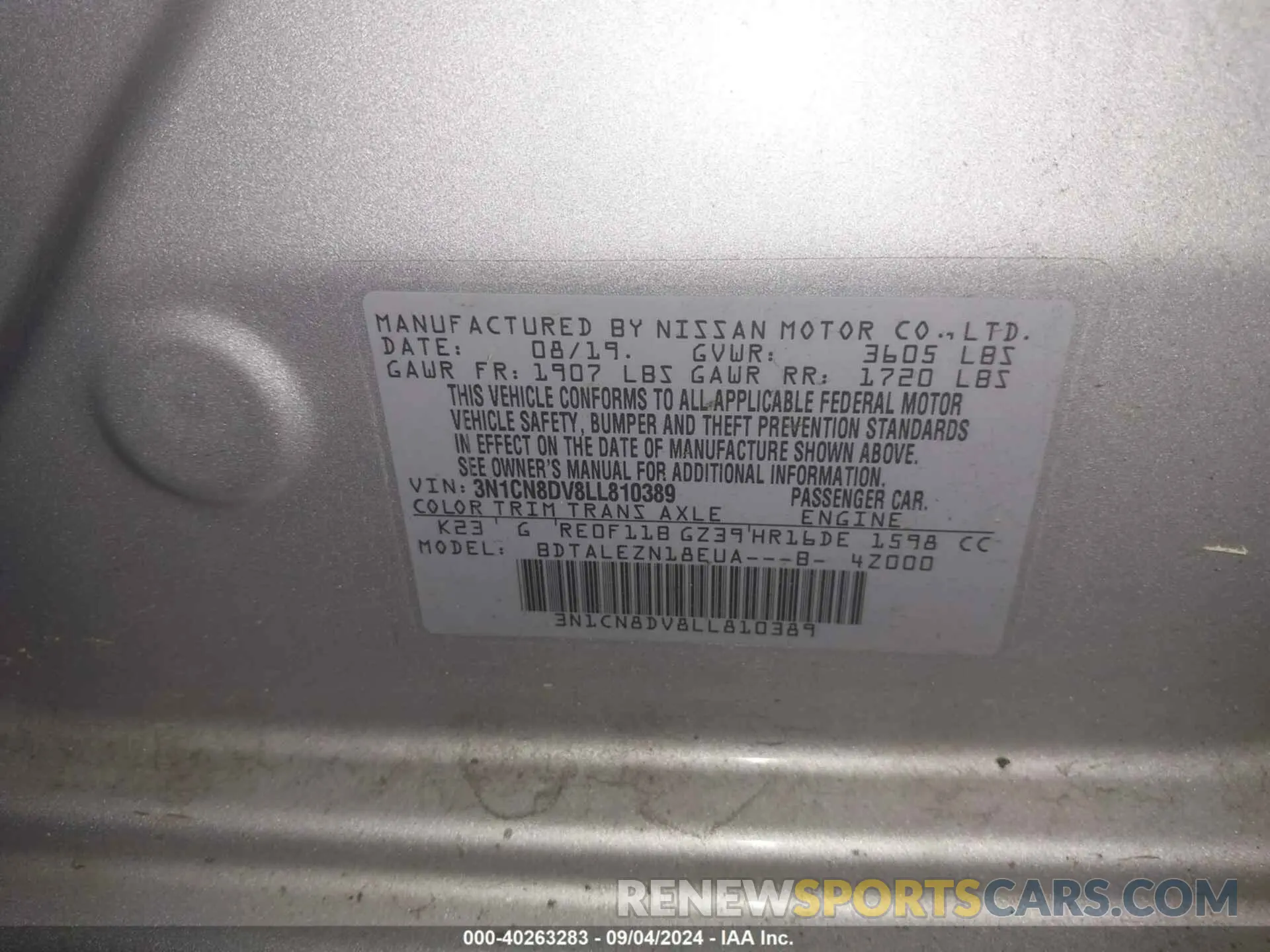 9 Photograph of a damaged car 3N1CN8DV8LL810389 NISSAN VERSA 2020