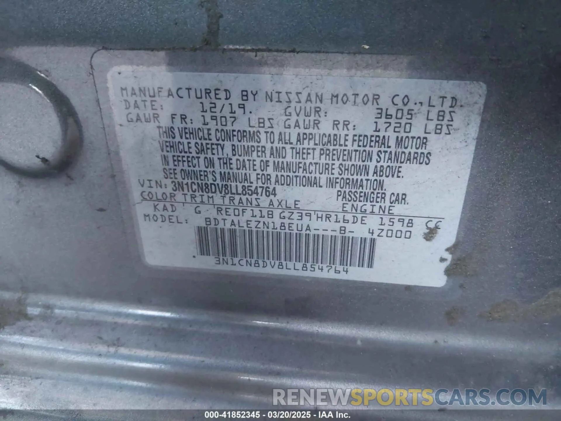 9 Фотография поврежденного автомобиля 3N1CN8DV8LL854764 NISSAN VERSA 2020