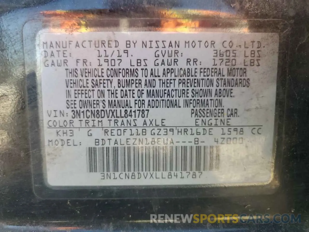 14 Фотография поврежденного автомобиля 3N1CN8DVXLL841787 NISSAN VERSA 2020