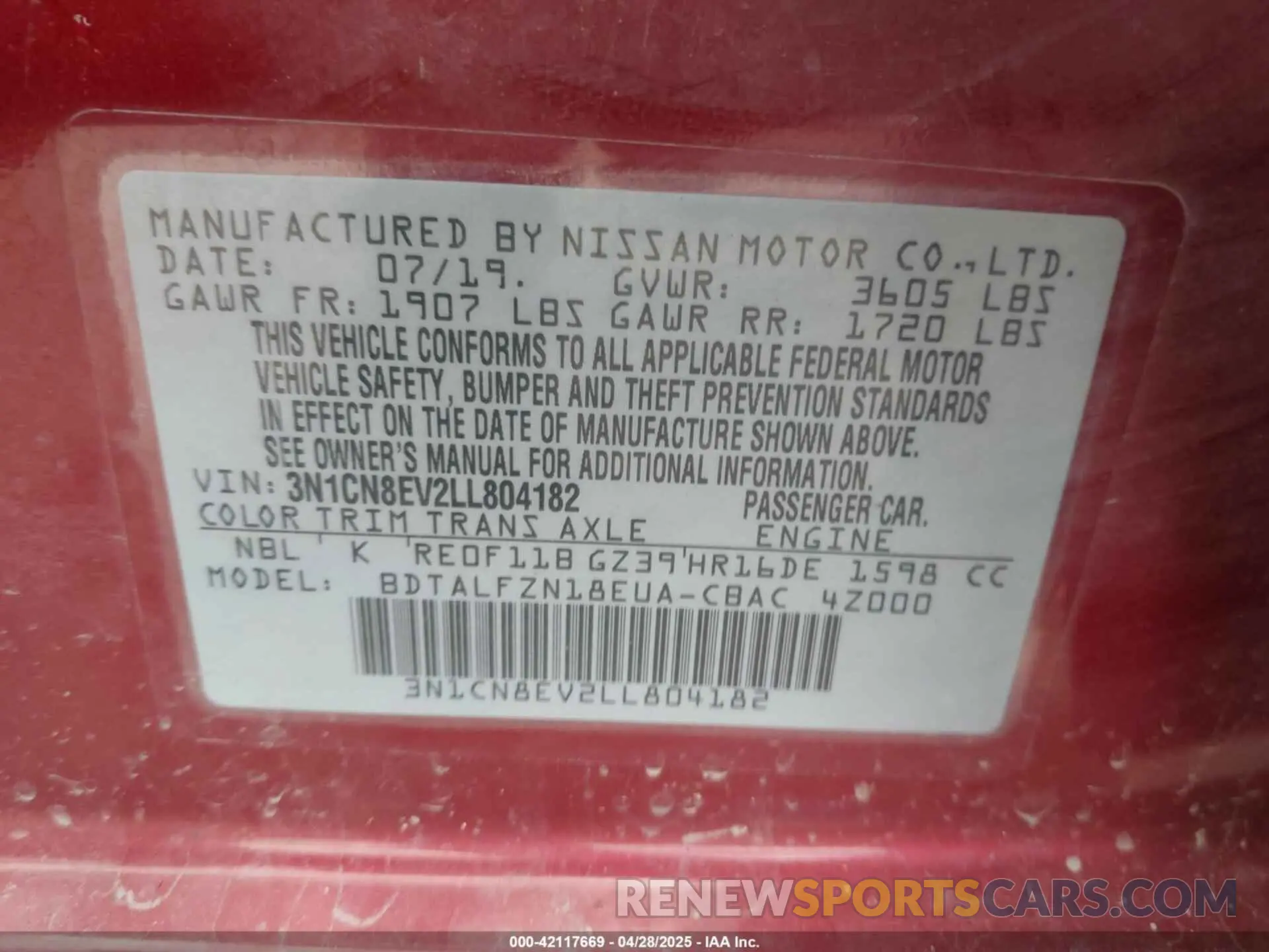9 Photograph of a damaged car 3N1CN8EV2LL804182 NISSAN VERSA 2020
