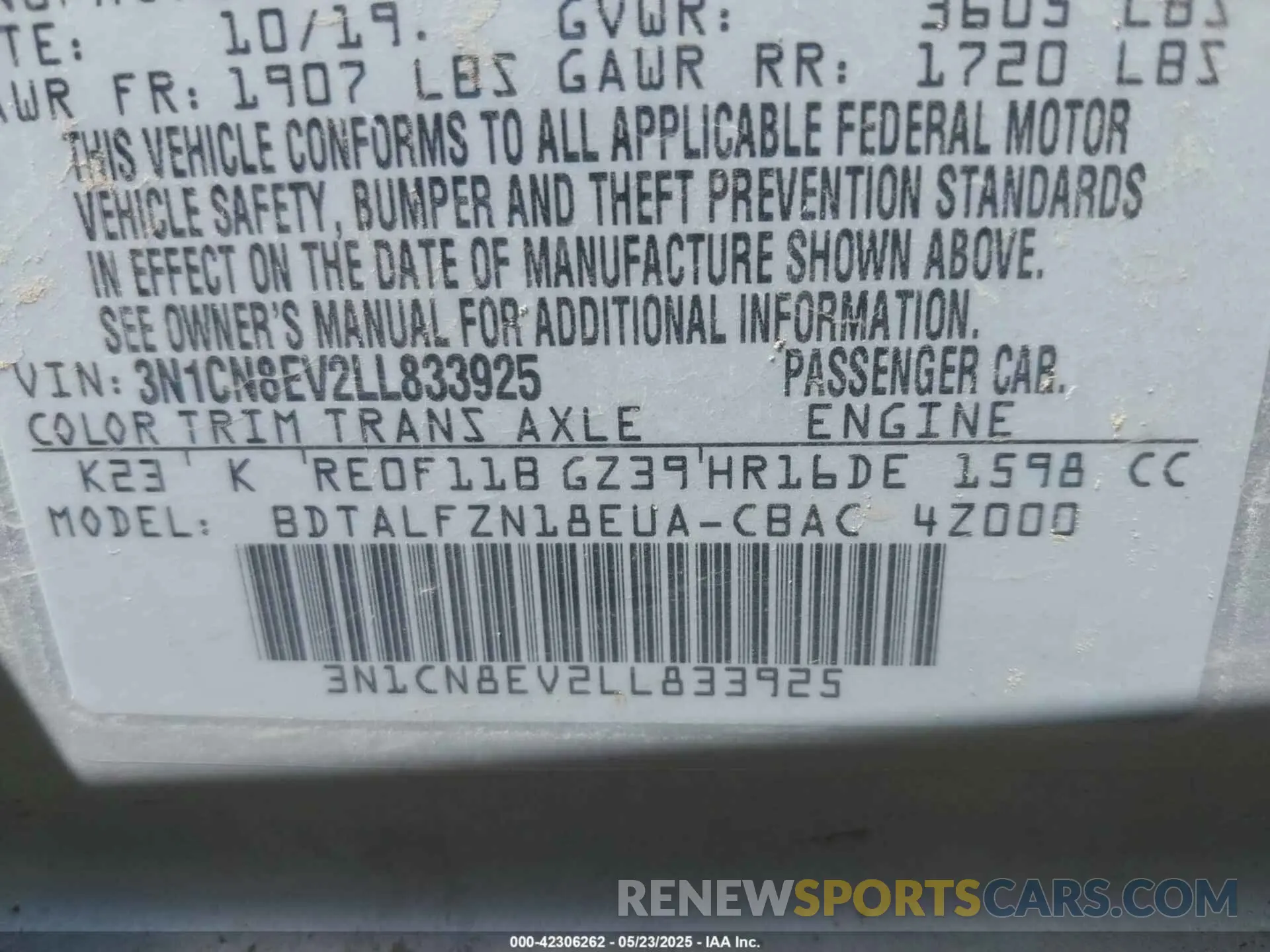 9 Фотография поврежденного автомобиля 3N1CN8EV2LL833925 NISSAN VERSA 2020