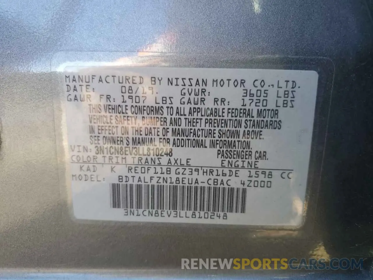 13 Фотография поврежденного автомобиля 3N1CN8EV3LL810248 NISSAN VERSA 2020