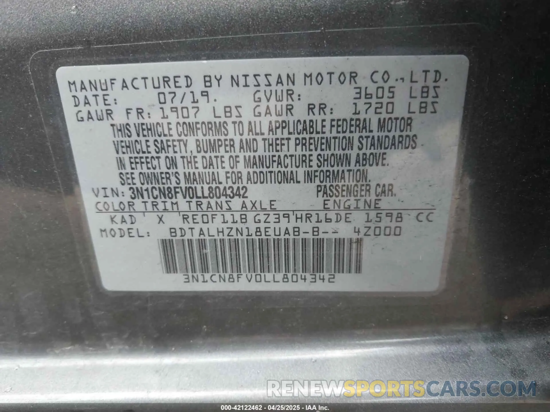 9 Фотография поврежденного автомобиля 3N1CN8FV0LL804342 NISSAN VERSA 2020