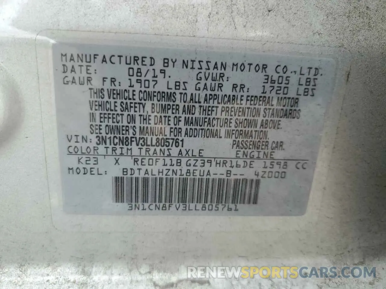 14 Фотография поврежденного автомобиля 3N1CN8FV3LL805761 NISSAN VERSA 2020