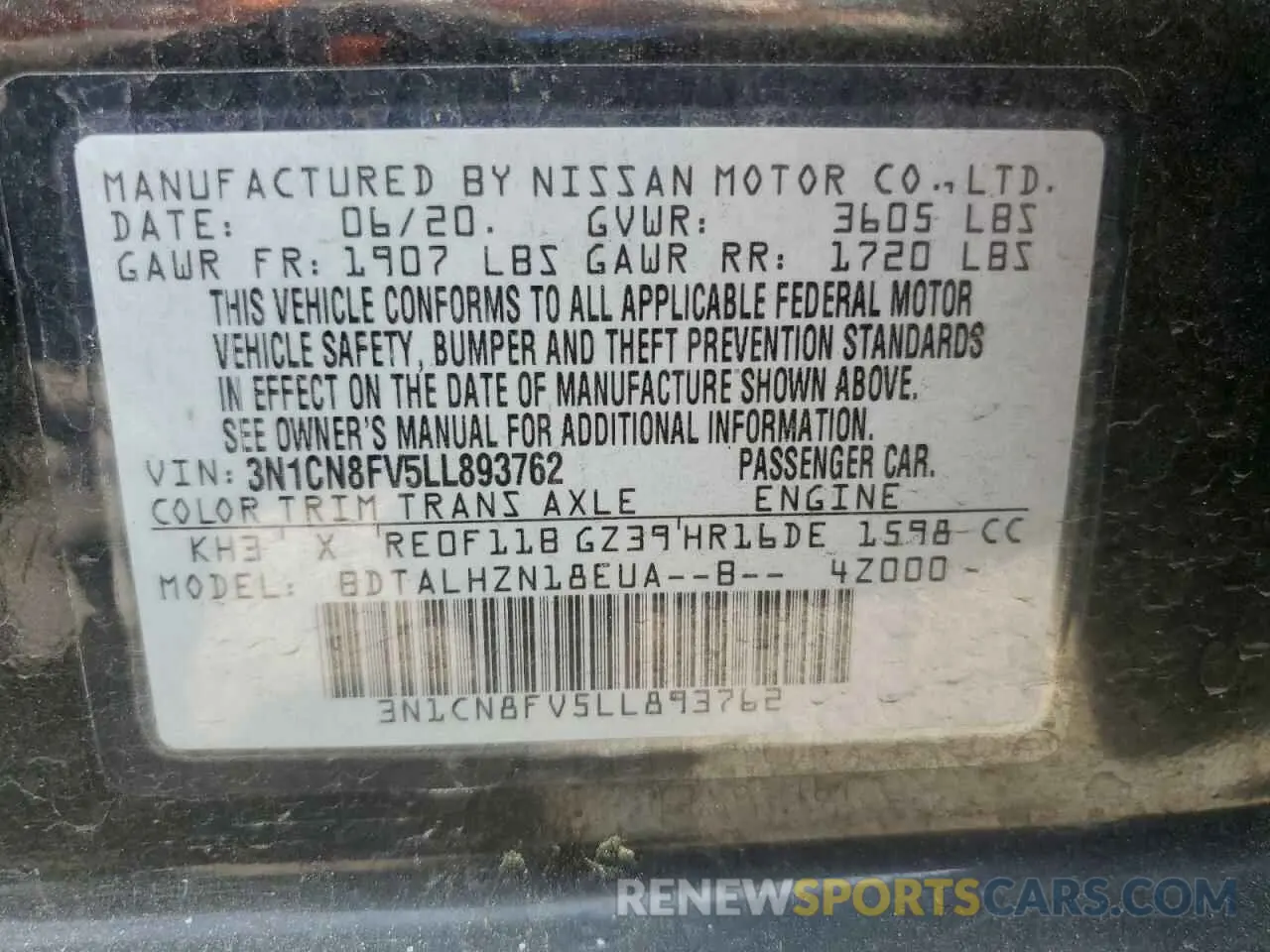 12 Photograph of a damaged car 3N1CN8FV5LL893762 NISSAN VERSA 2020