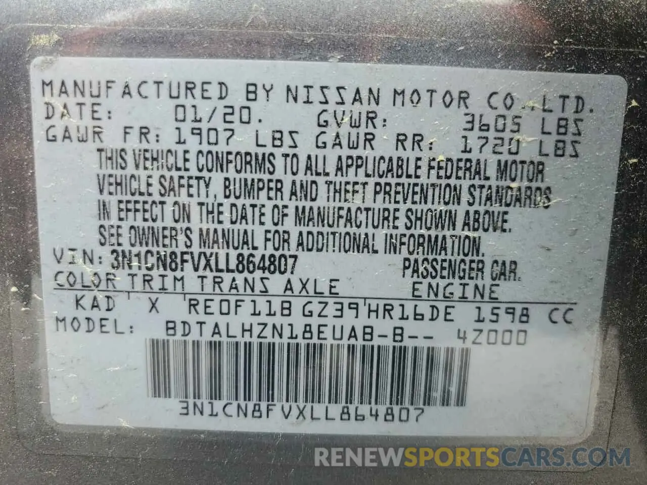 12 Фотография поврежденного автомобиля 3N1CN8FVXLL864807 NISSAN VERSA 2020