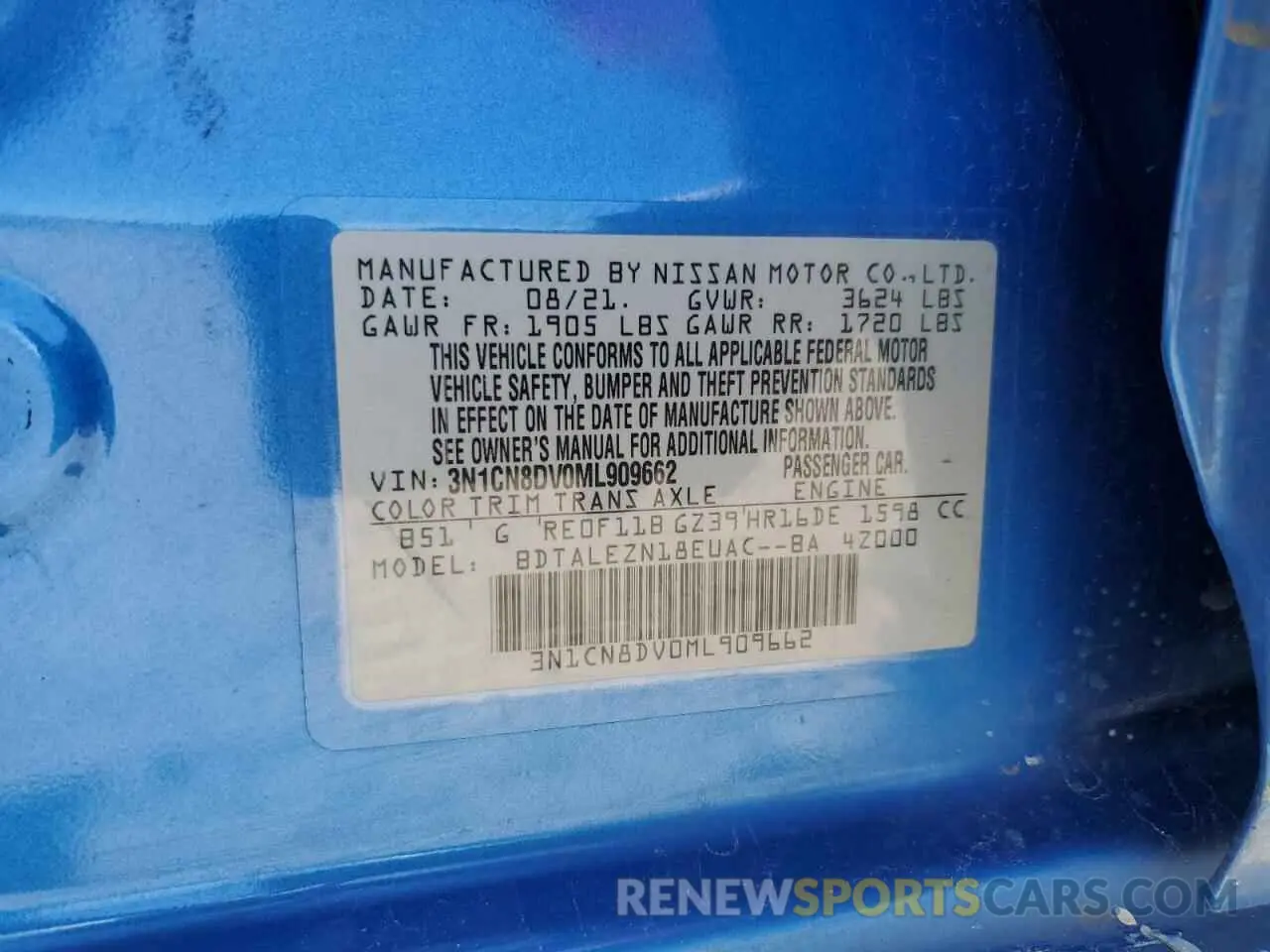12 Фотография поврежденного автомобиля 3N1CN8DV0ML909662 NISSAN VERSA 2021