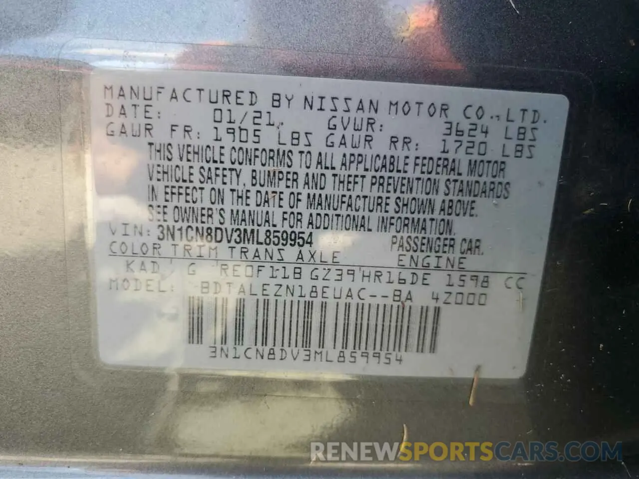 13 Photograph of a damaged car 3N1CN8DV3ML859954 NISSAN VERSA 2021