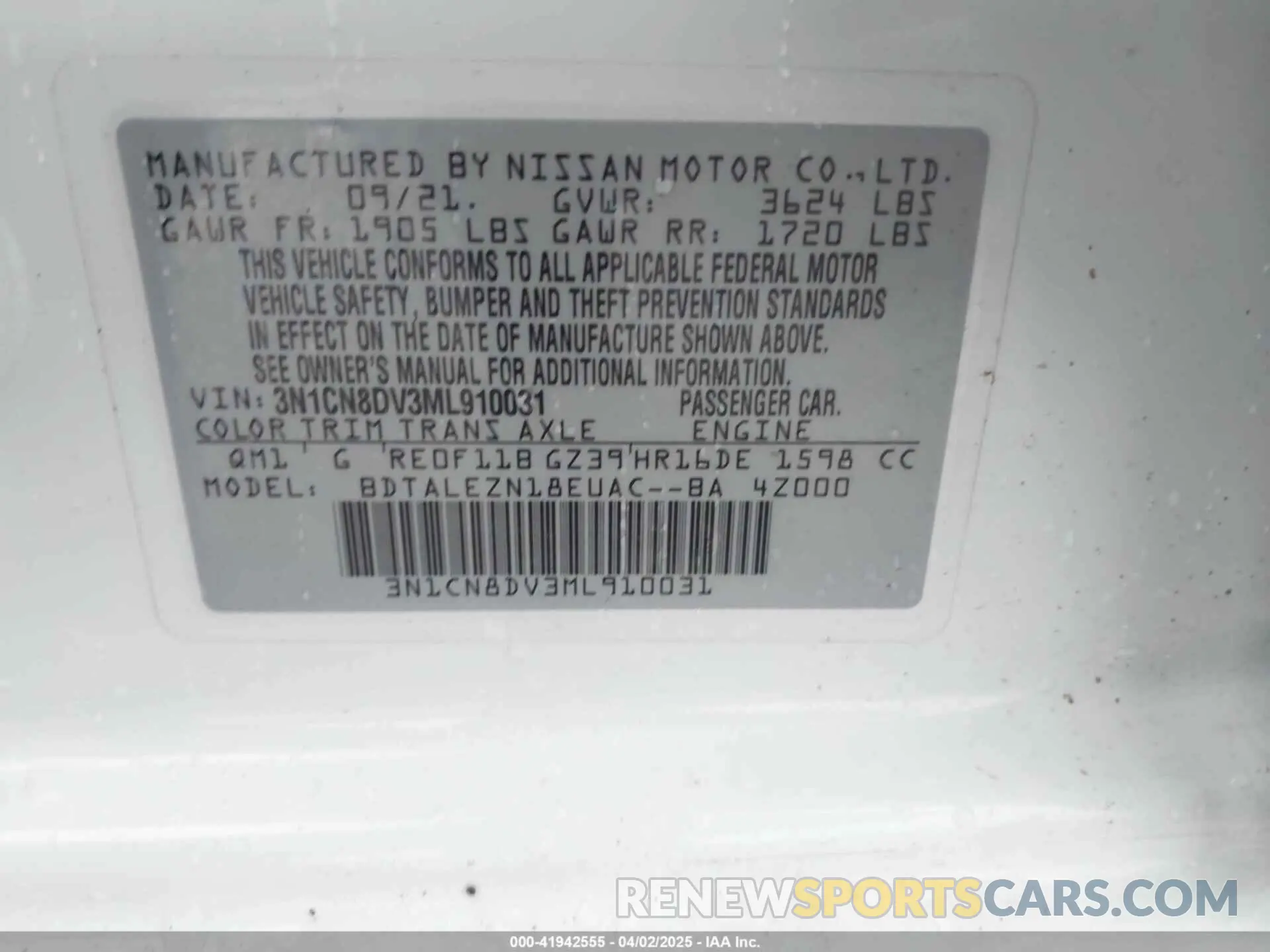 9 Photograph of a damaged car 3N1CN8DV3ML910031 NISSAN VERSA 2021