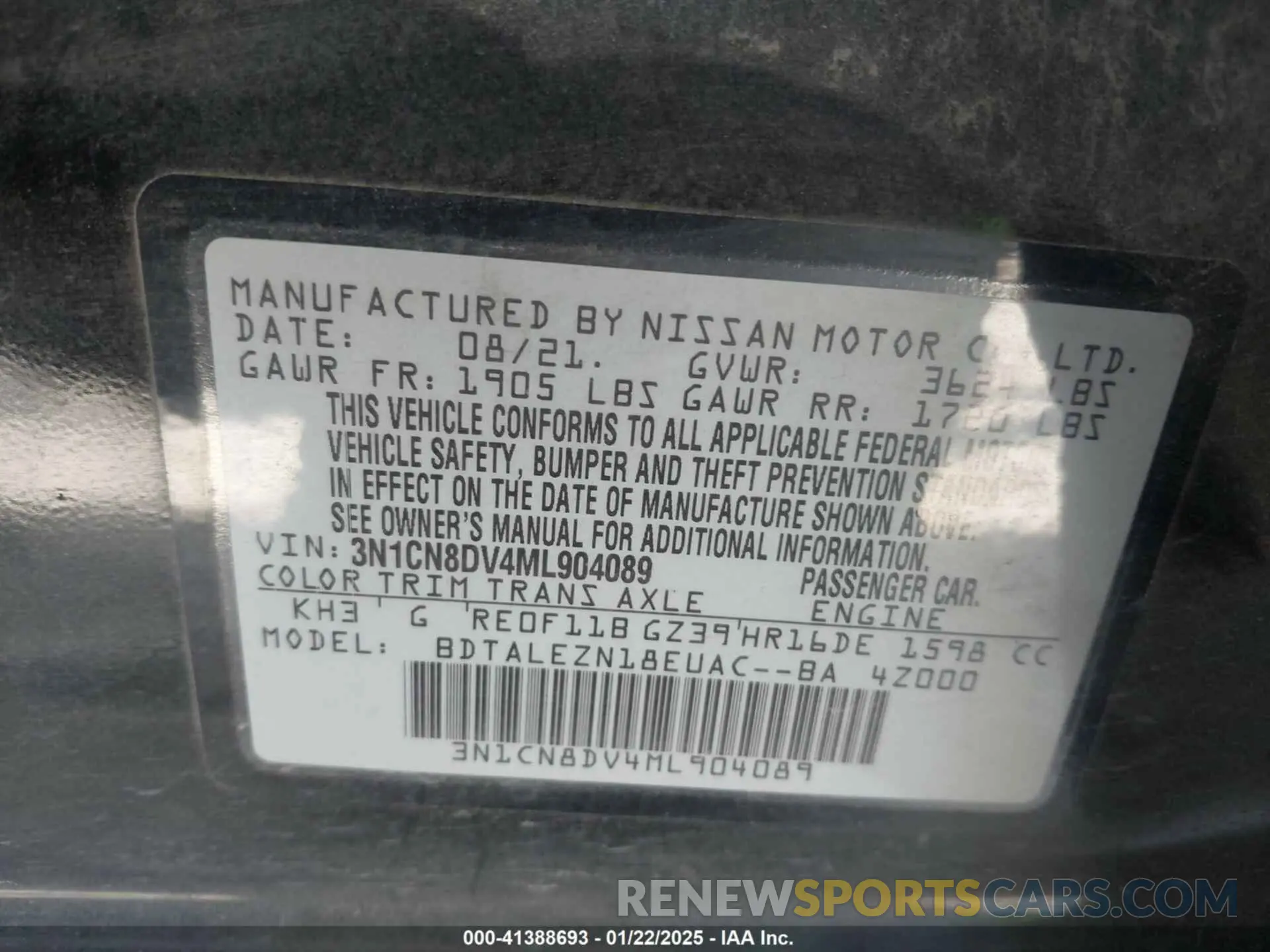 9 Фотография поврежденного автомобиля 3N1CN8DV4ML904089 NISSAN VERSA 2021