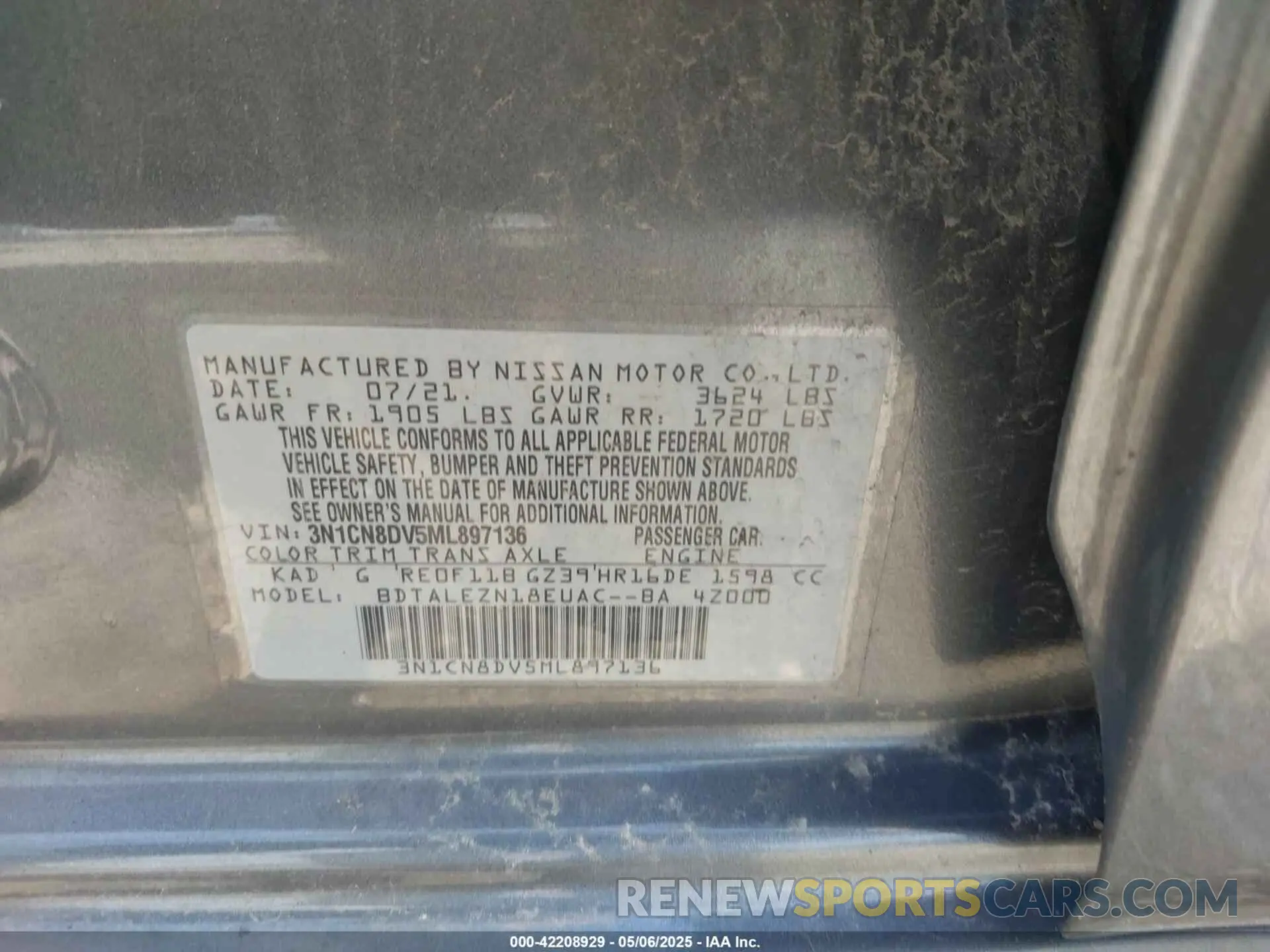 9 Фотография поврежденного автомобиля 3N1CN8DV5ML897136 NISSAN VERSA 2021