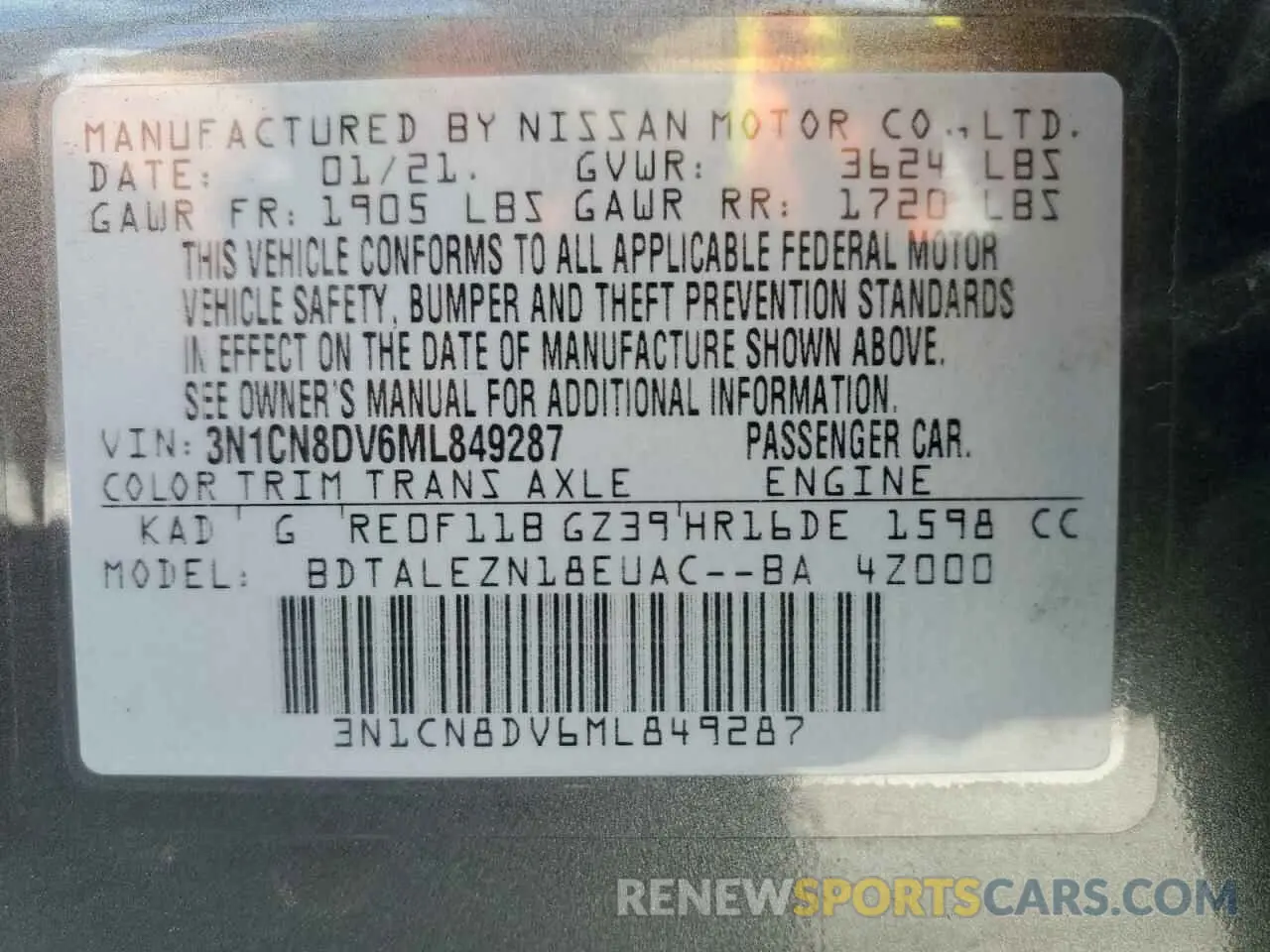 12 Photograph of a damaged car 3N1CN8DV6ML849287 NISSAN VERSA 2021