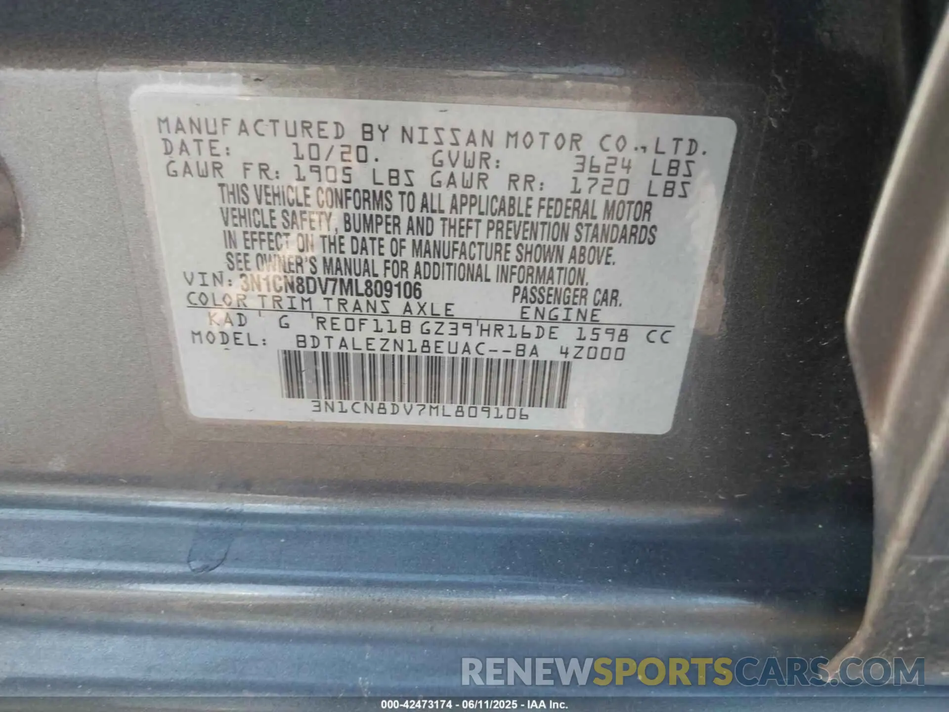 9 Фотография поврежденного автомобиля 3N1CN8DV7ML809106 NISSAN VERSA 2021