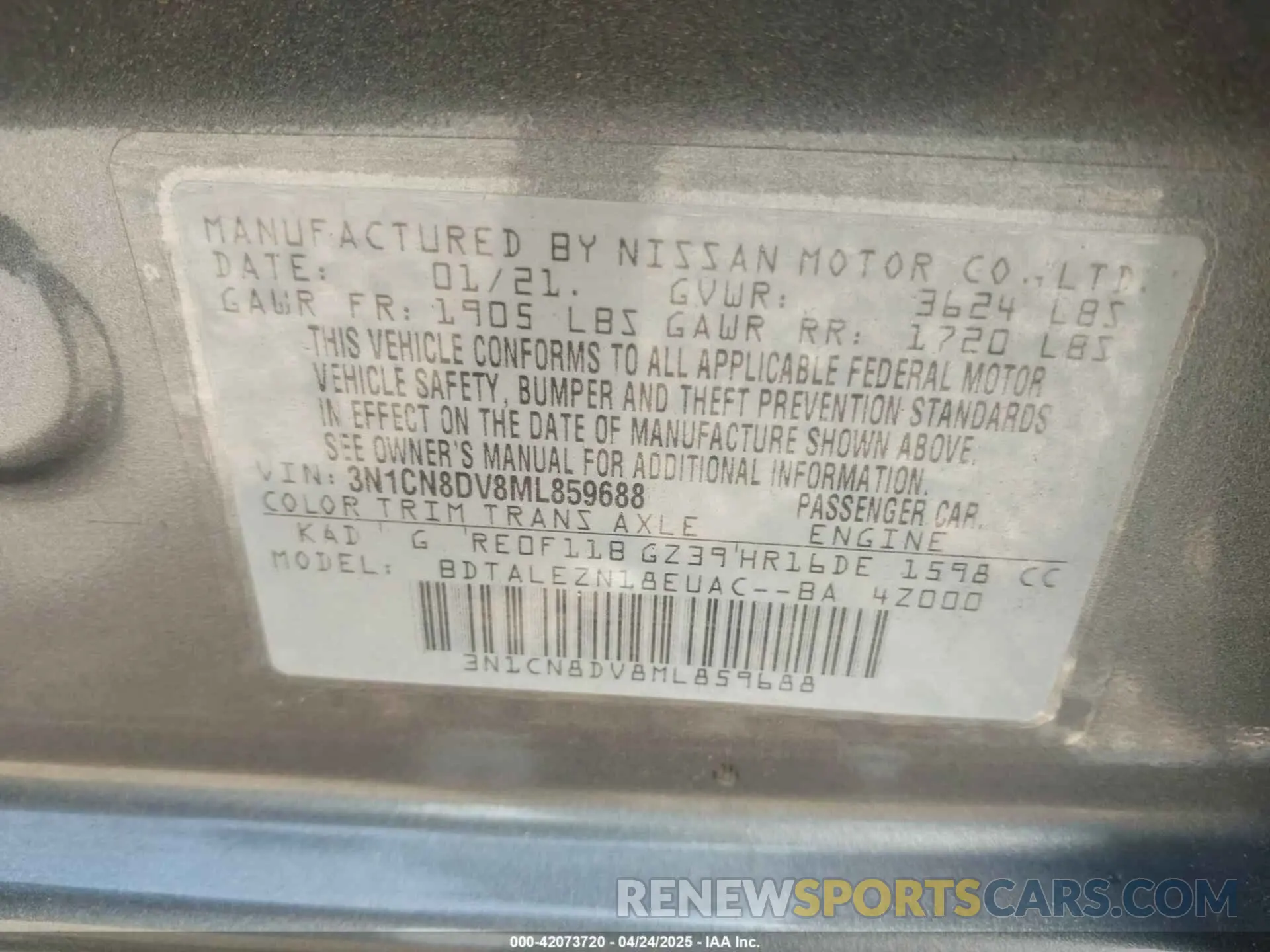9 Photograph of a damaged car 3N1CN8DV8ML859688 NISSAN VERSA 2021