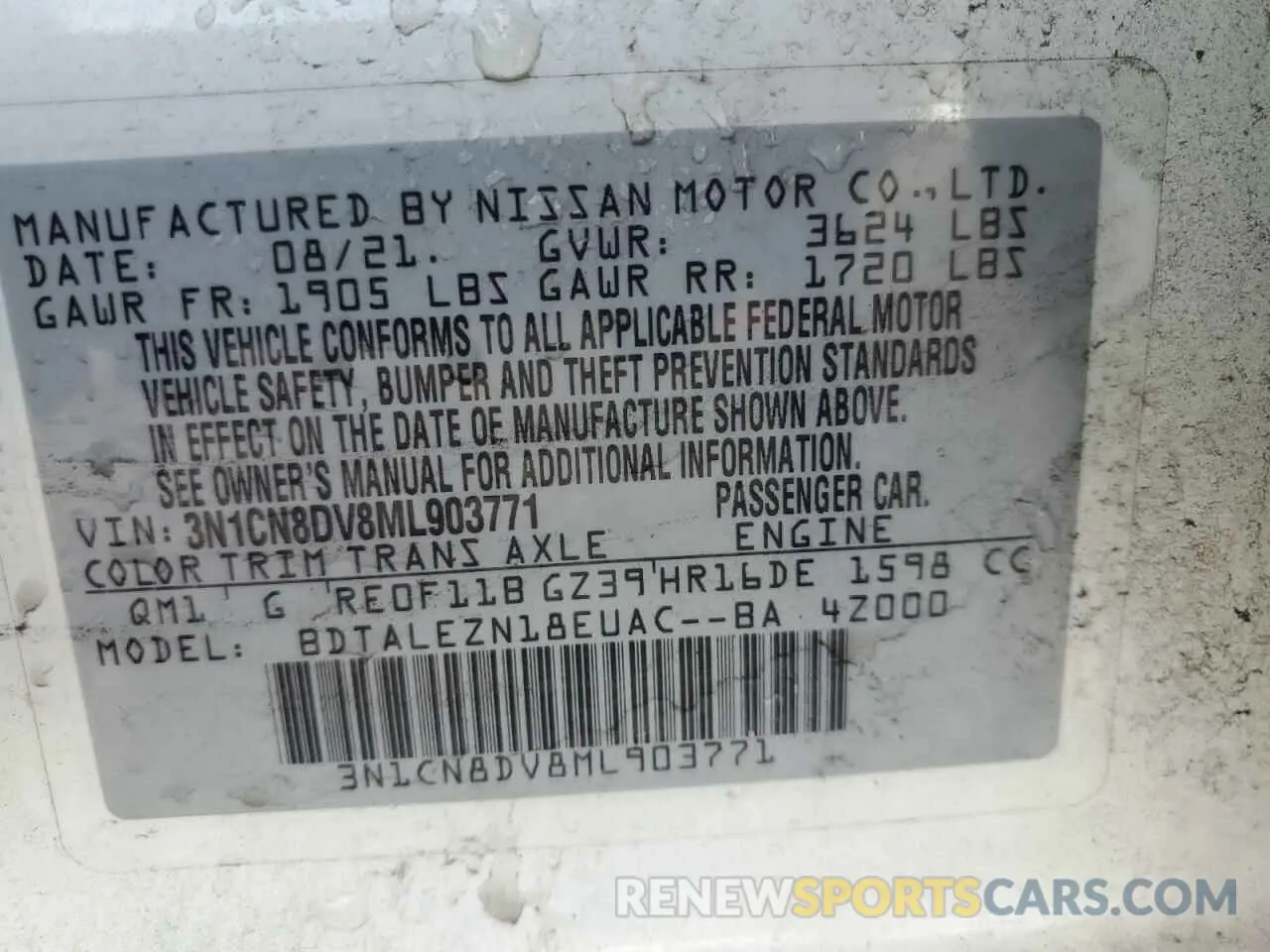 13 Фотография поврежденного автомобиля 3N1CN8DV8ML903771 NISSAN VERSA 2021