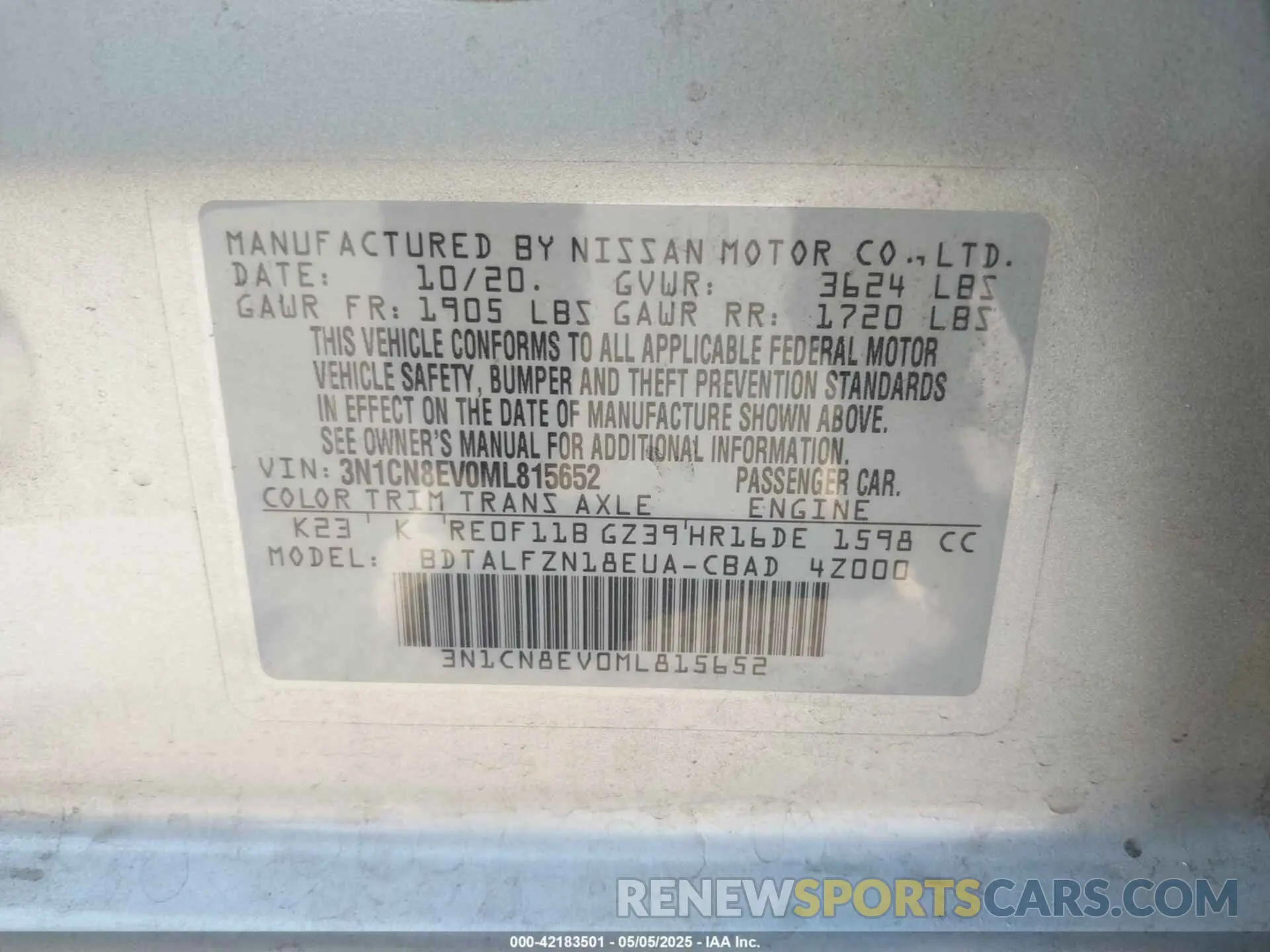 9 Фотография поврежденного автомобиля 3N1CN8EV0ML815652 NISSAN VERSA 2021