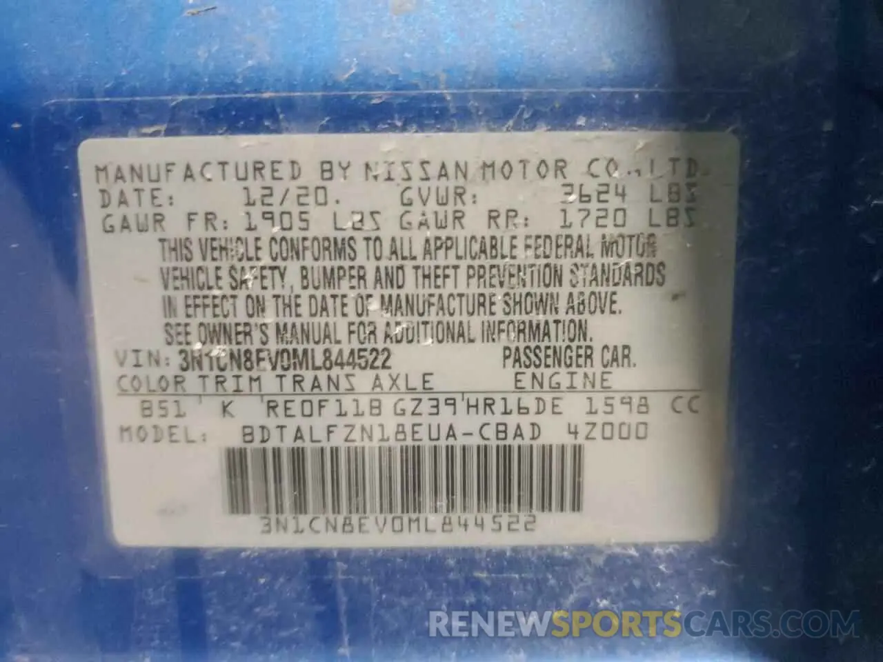 12 Фотография поврежденного автомобиля 3N1CN8EV0ML844522 NISSAN VERSA 2021