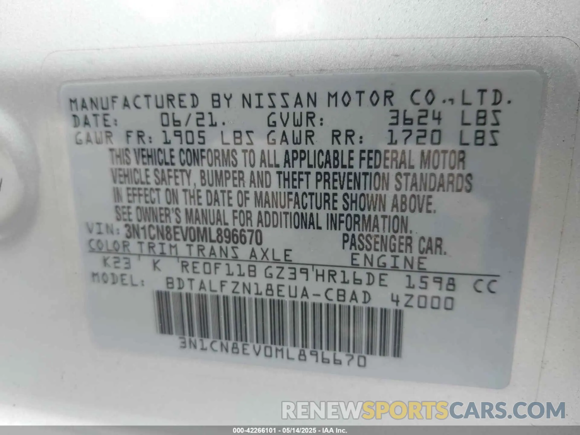 9 Photograph of a damaged car 3N1CN8EV0ML896670 NISSAN VERSA 2021