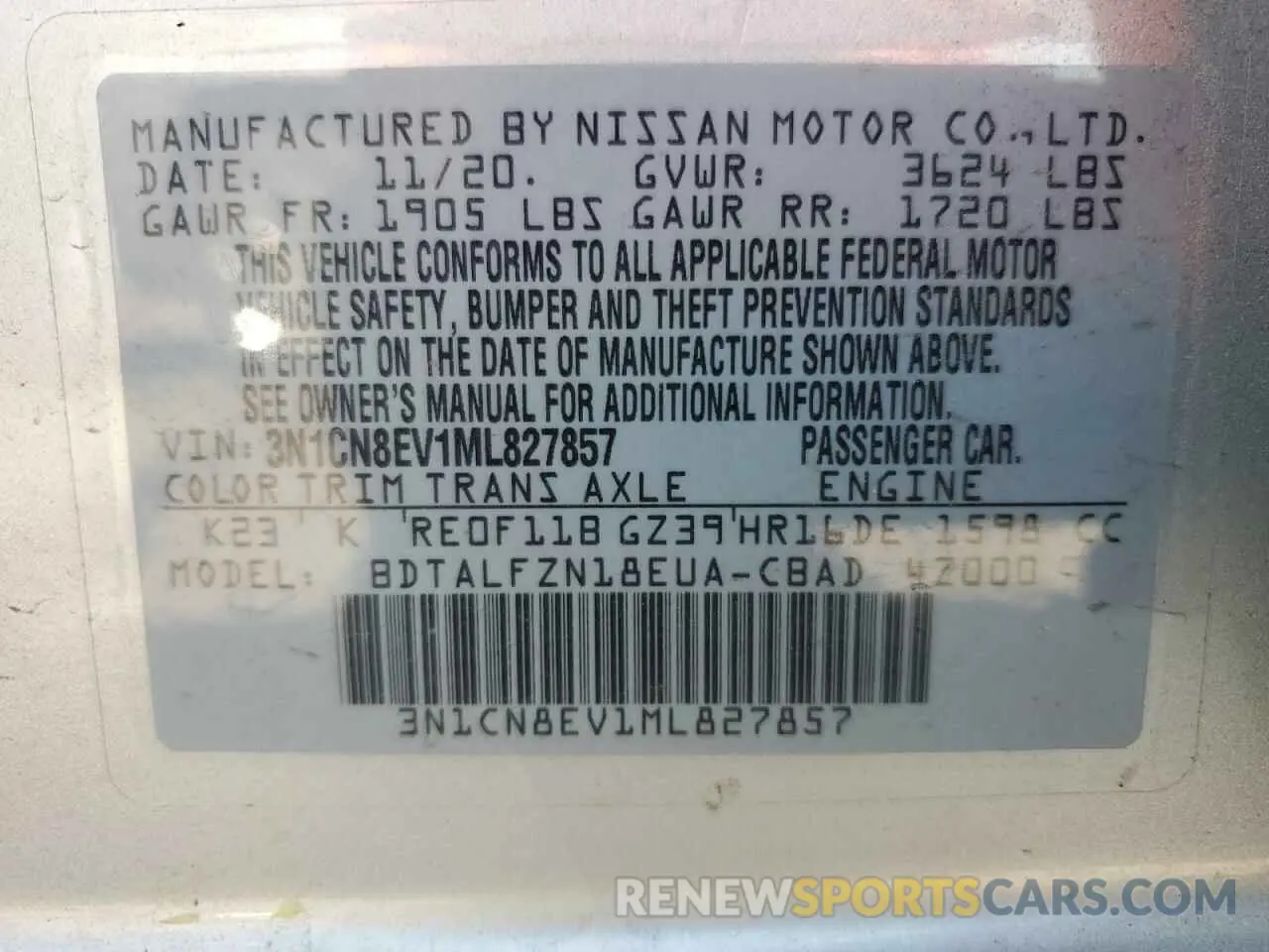 13 Фотография поврежденного автомобиля 3N1CN8EV1ML827857 NISSAN VERSA 2021