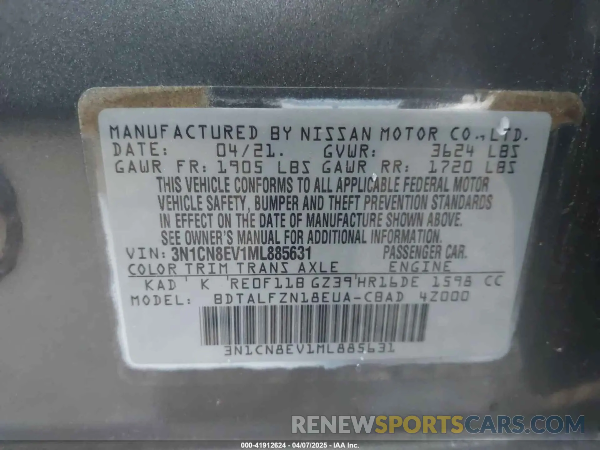 9 Фотография поврежденного автомобиля 3N1CN8EV1ML885631 NISSAN VERSA 2021