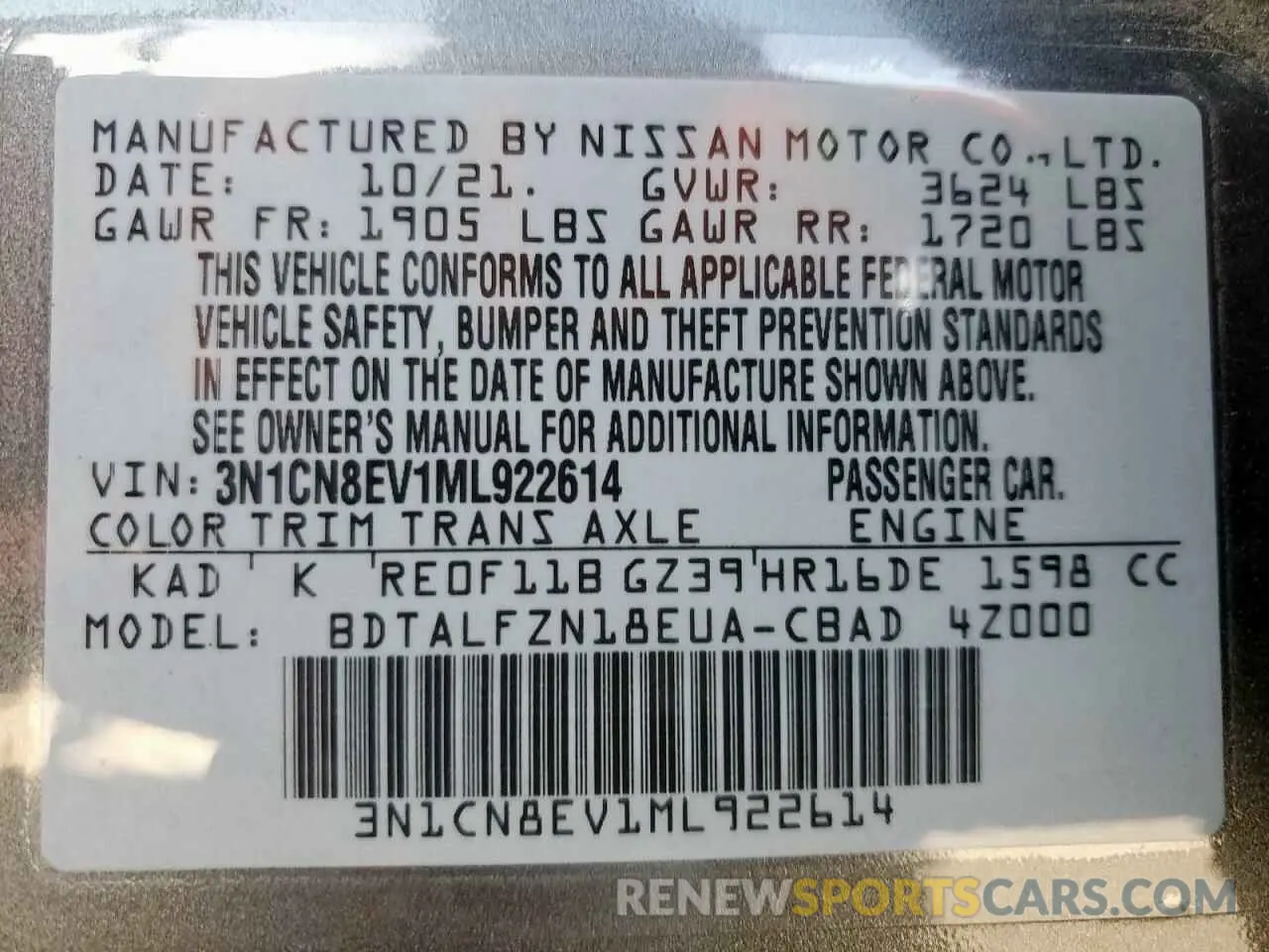 13 Фотография поврежденного автомобиля 3N1CN8EV1ML922614 NISSAN VERSA 2021