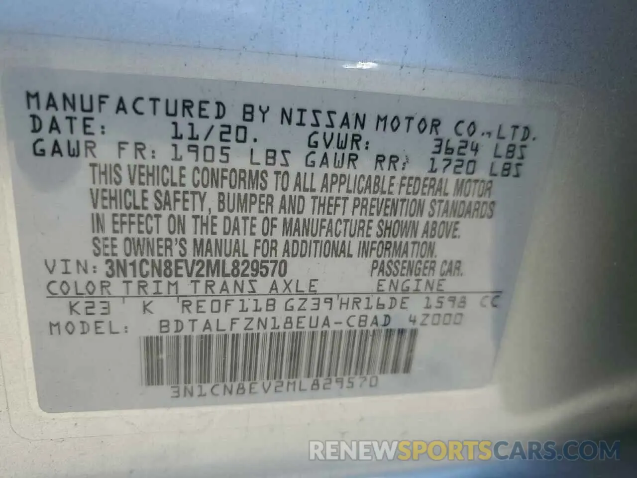 12 Фотография поврежденного автомобиля 3N1CN8EV2ML829570 NISSAN VERSA 2021