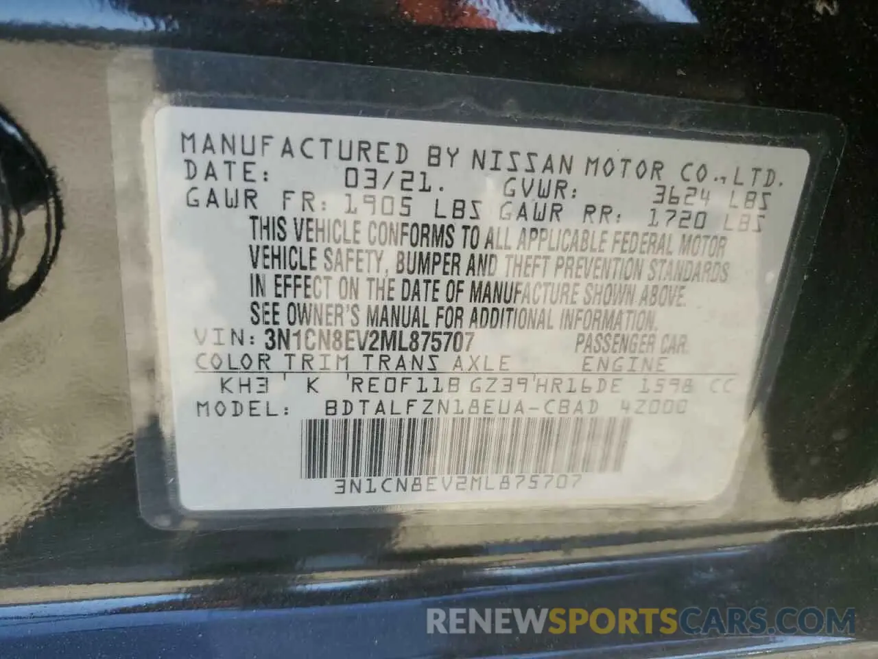 15 Фотография поврежденного автомобиля 3N1CN8EV2ML875707 NISSAN VERSA 2021