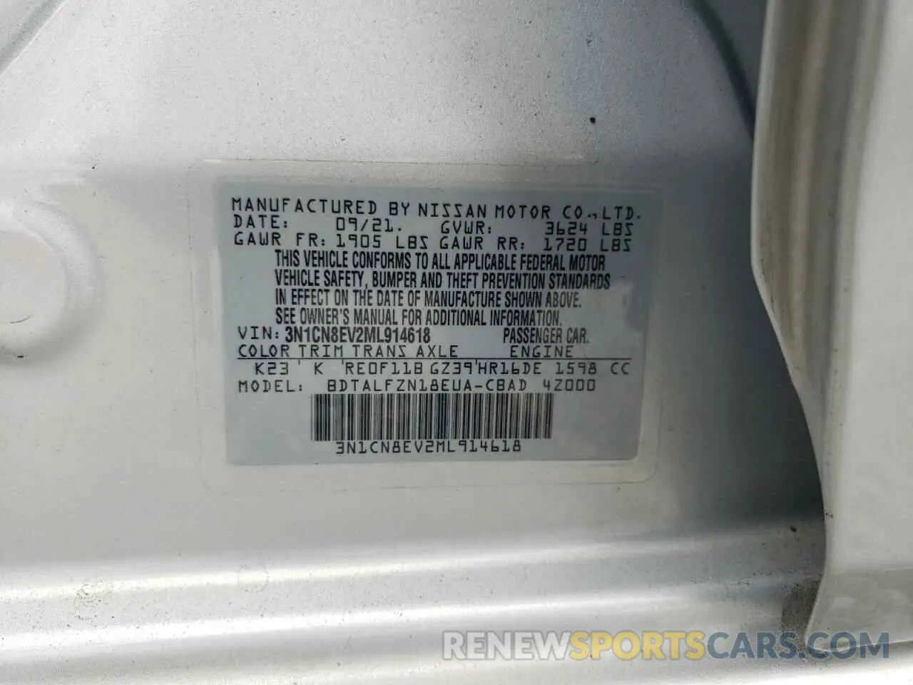 13 Photograph of a damaged car 3N1CN8EV2ML914618 NISSAN VERSA 2021