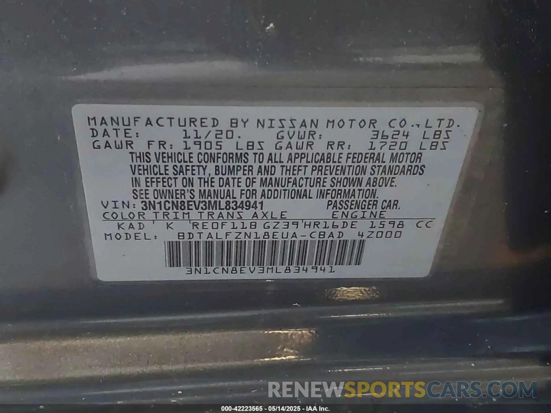9 Фотография поврежденного автомобиля 3N1CN8EV3ML834941 NISSAN VERSA 2021