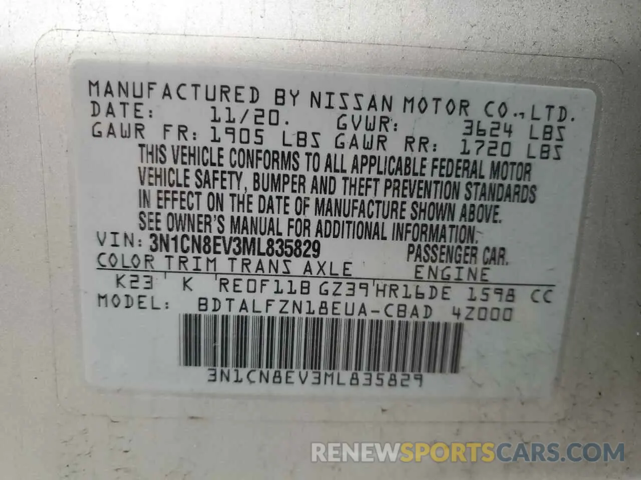 14 Фотография поврежденного автомобиля 3N1CN8EV3ML835829 NISSAN VERSA 2021