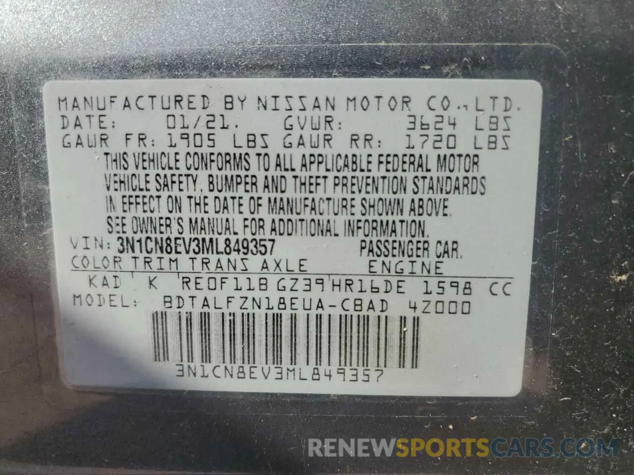 13 Photograph of a damaged car 3N1CN8EV3ML849357 NISSAN VERSA 2021