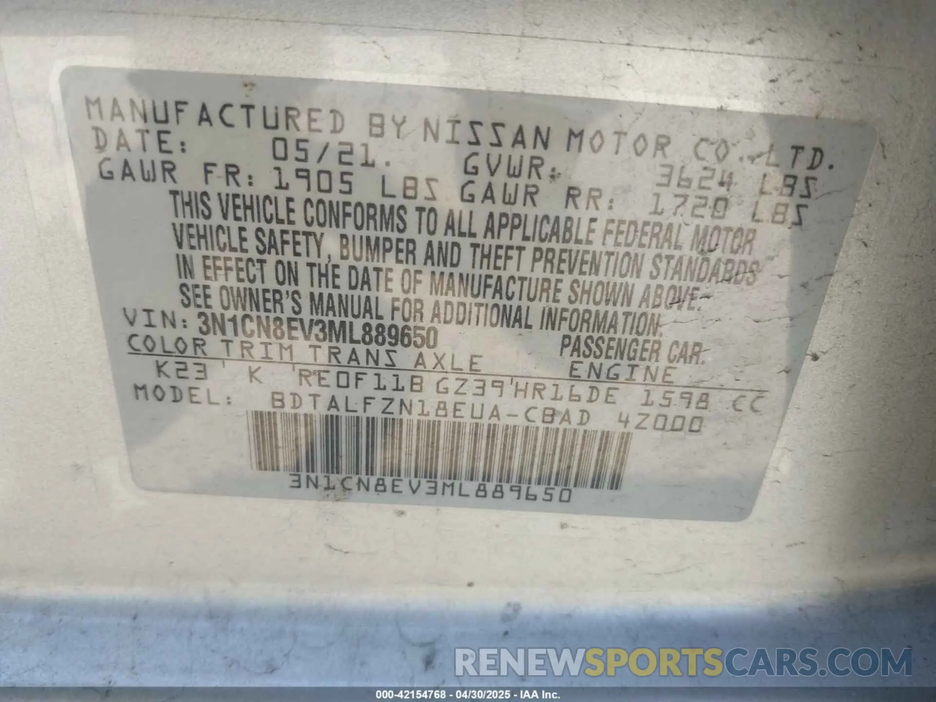 9 Фотография поврежденного автомобиля 3N1CN8EV3ML889650 NISSAN VERSA 2021