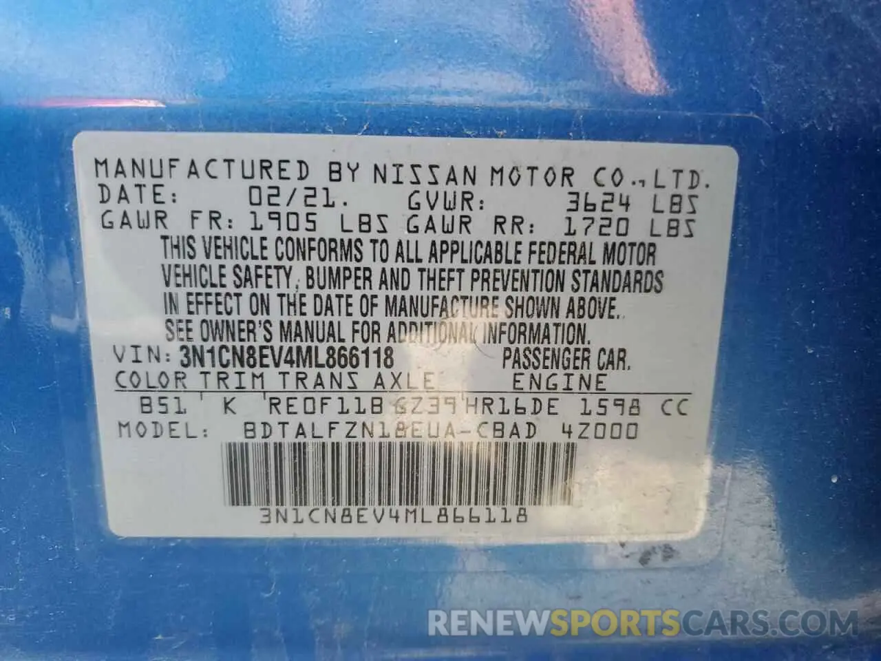 12 Photograph of a damaged car 3N1CN8EV4ML866118 NISSAN VERSA 2021