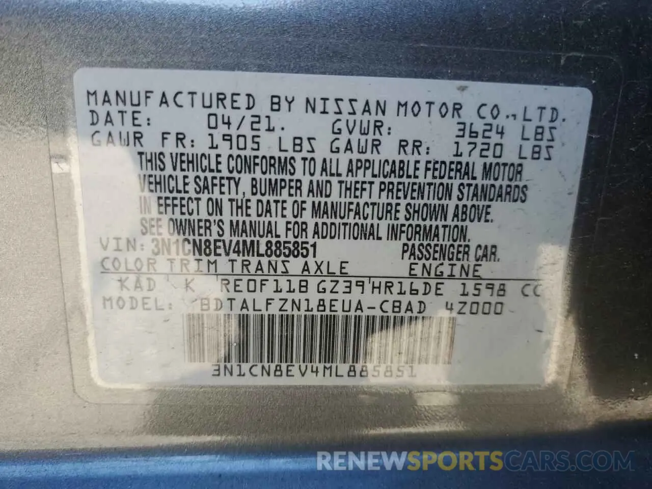 12 Photograph of a damaged car 3N1CN8EV4ML885851 NISSAN VERSA 2021