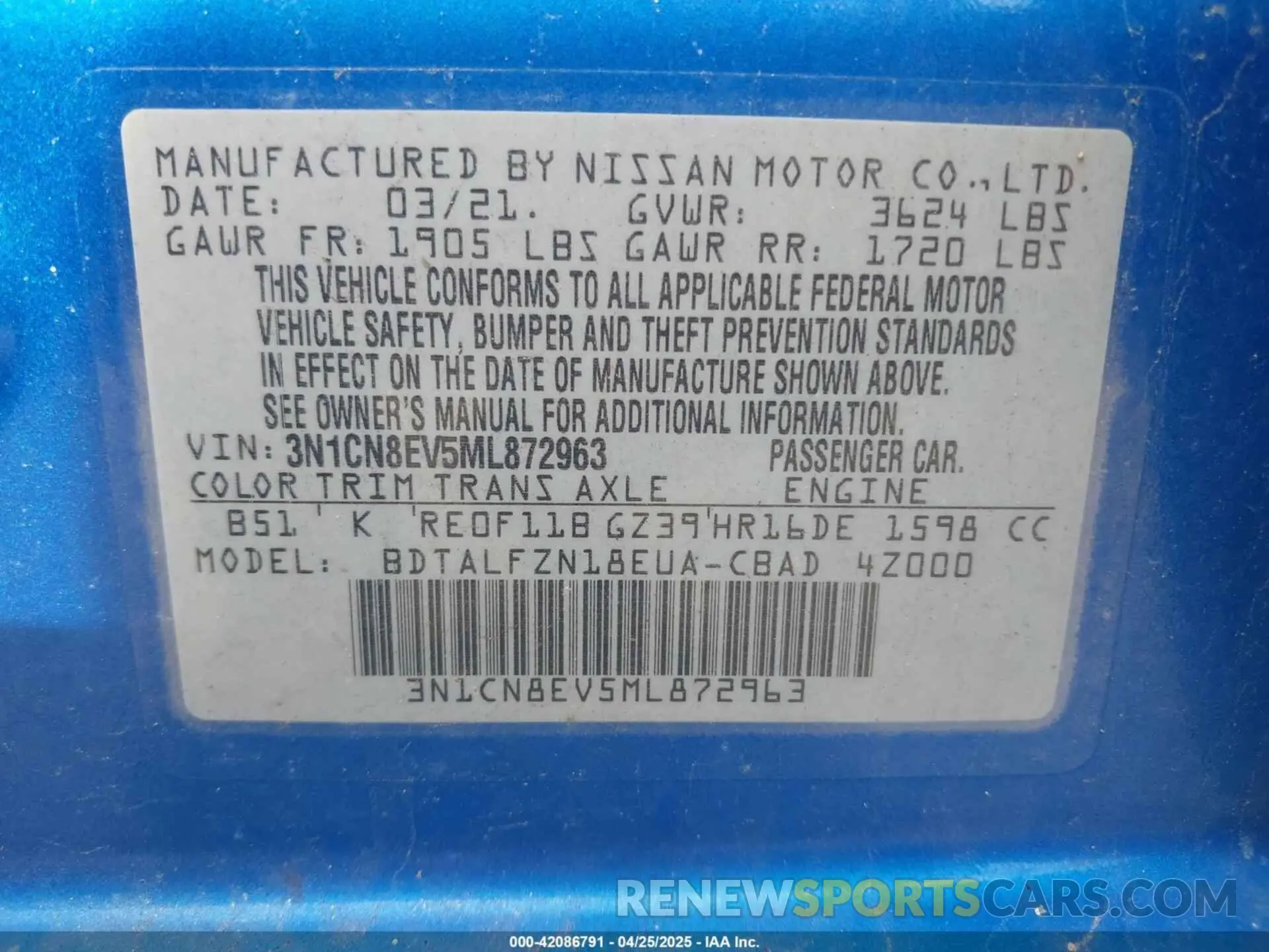 9 Photograph of a damaged car 3N1CN8EV5ML872963 NISSAN VERSA 2021