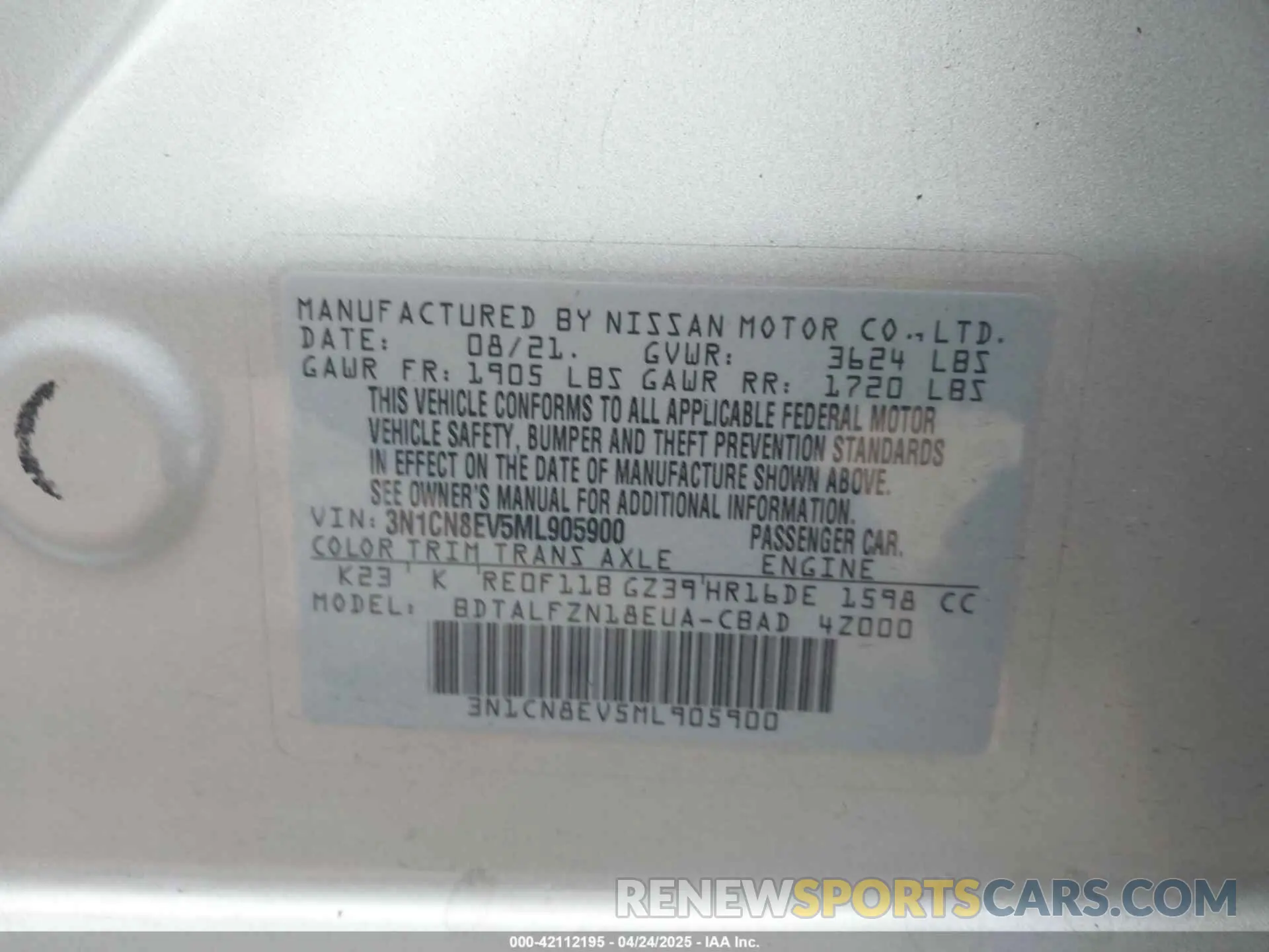 9 Photograph of a damaged car 3N1CN8EV5ML905900 NISSAN VERSA 2021
