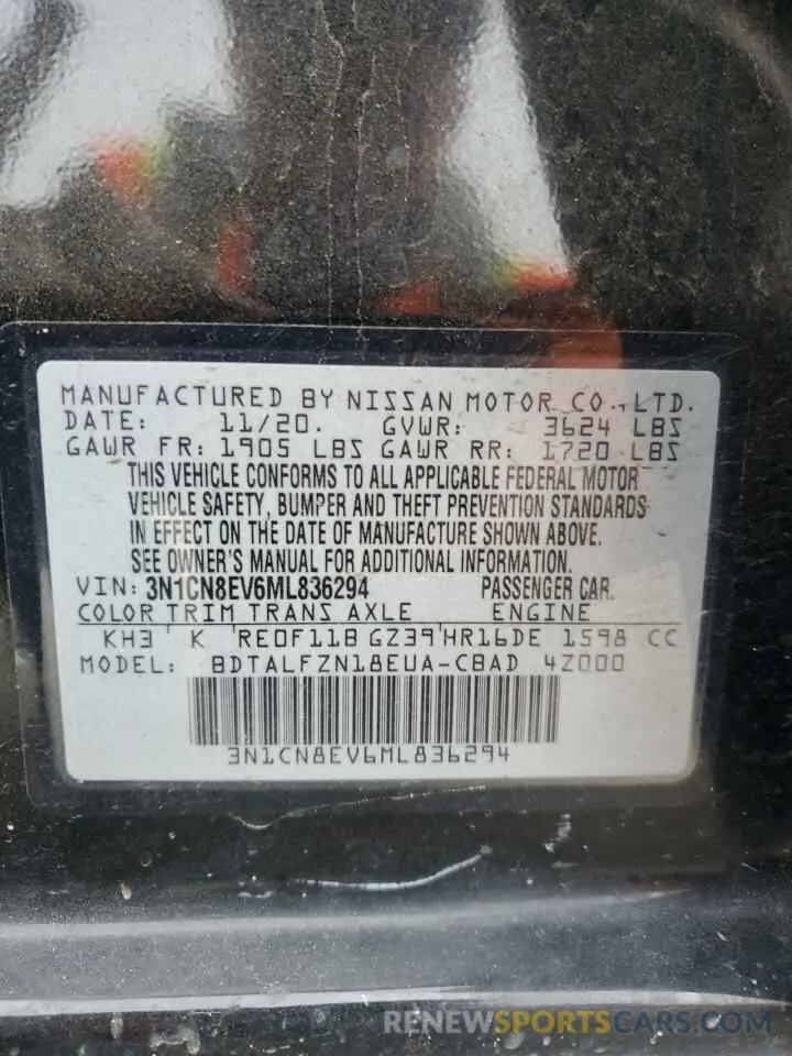 12 Фотография поврежденного автомобиля 3N1CN8EV6ML836294 NISSAN VERSA 2021