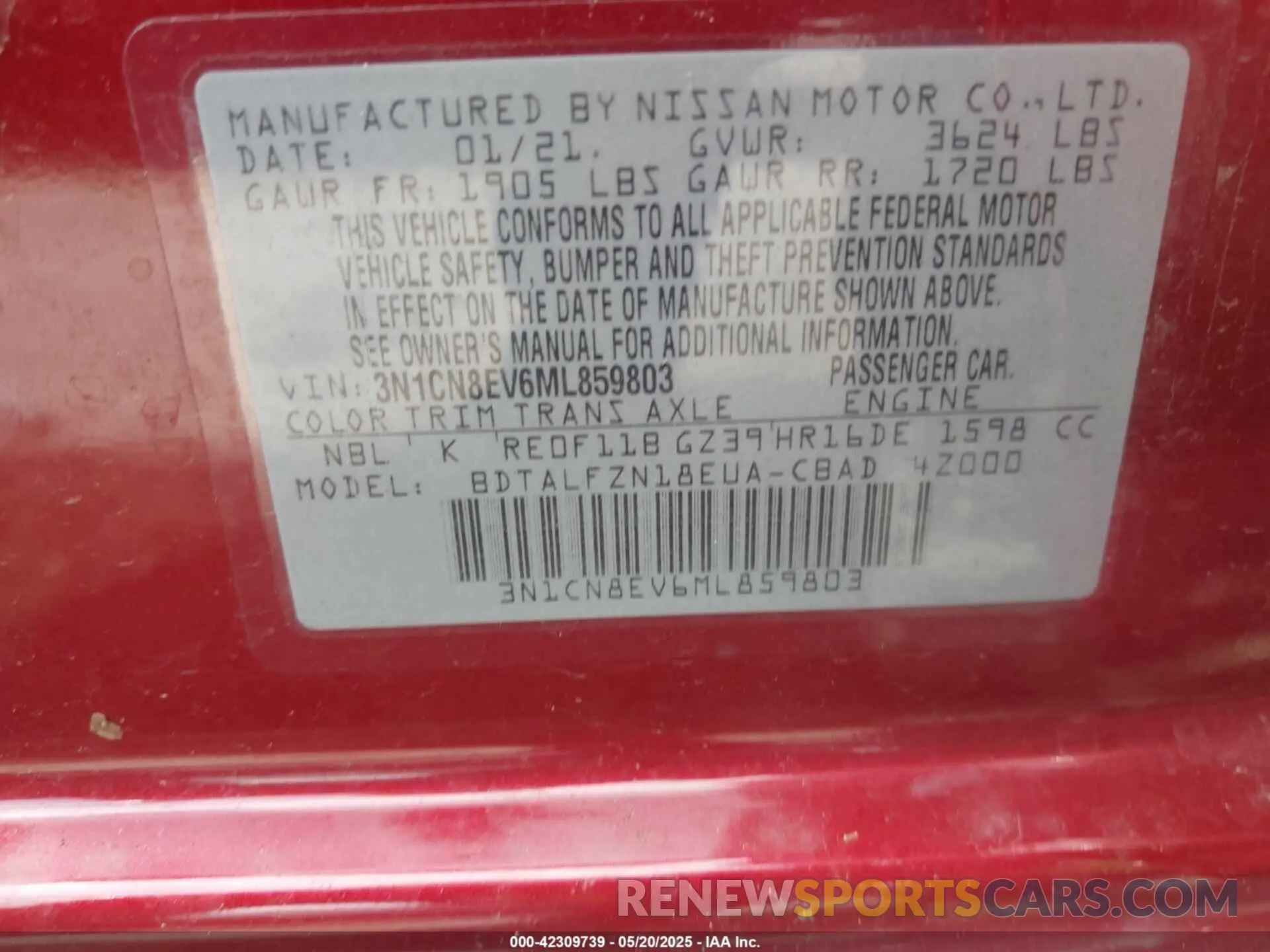 9 Photograph of a damaged car 3N1CN8EV6ML859803 NISSAN VERSA 2021