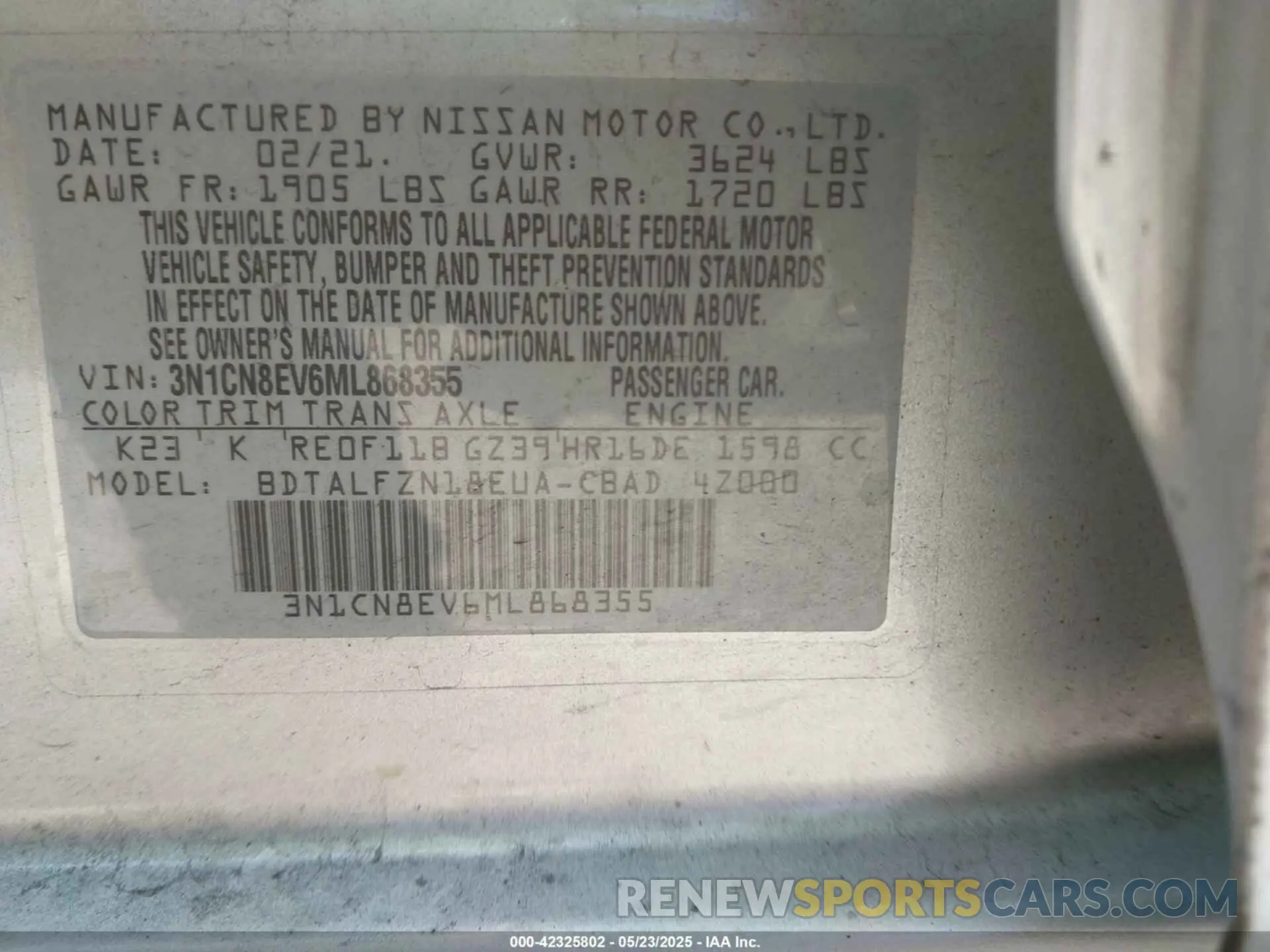 9 Photograph of a damaged car 3N1CN8EV6ML868355 NISSAN VERSA 2021