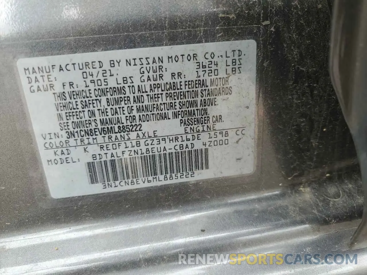 13 Photograph of a damaged car 3N1CN8EV6ML885222 NISSAN VERSA 2021