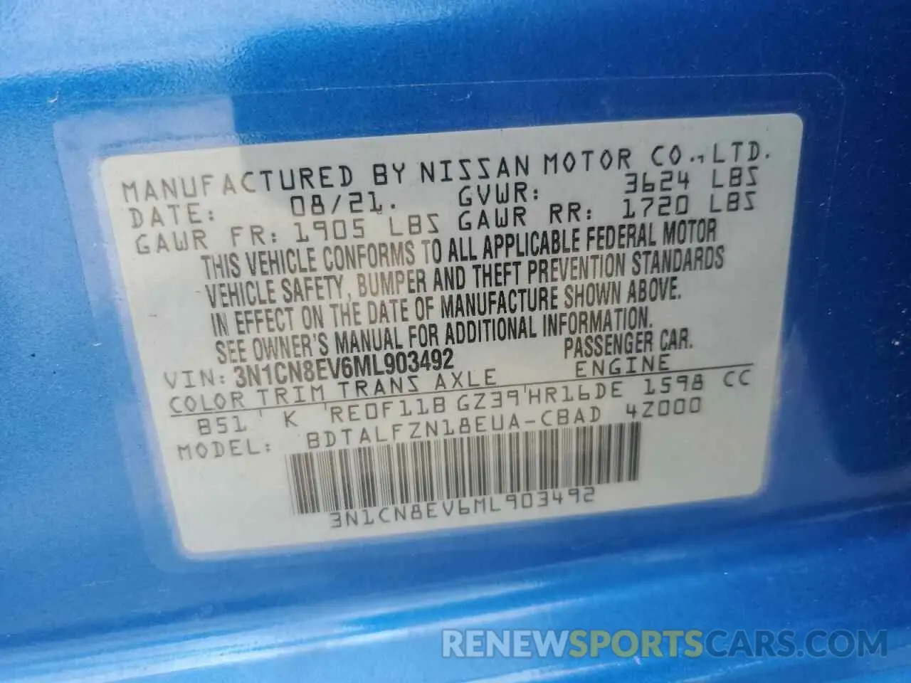 12 Фотография поврежденного автомобиля 3N1CN8EV6ML903492 NISSAN VERSA 2021