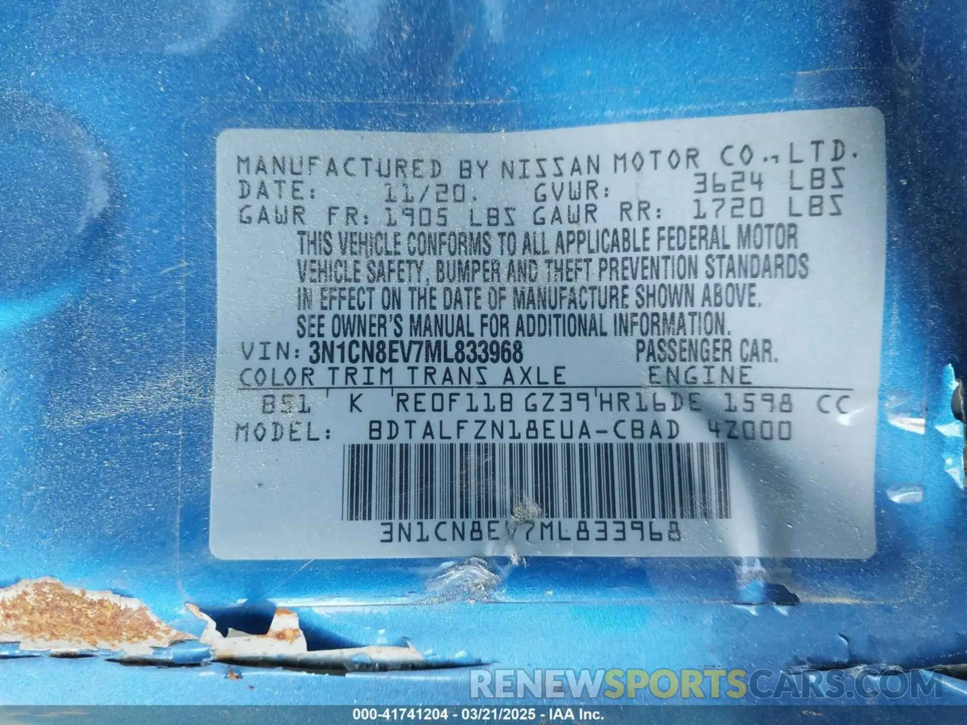 9 Photograph of a damaged car 3N1CN8EV7ML833968 NISSAN VERSA 2021