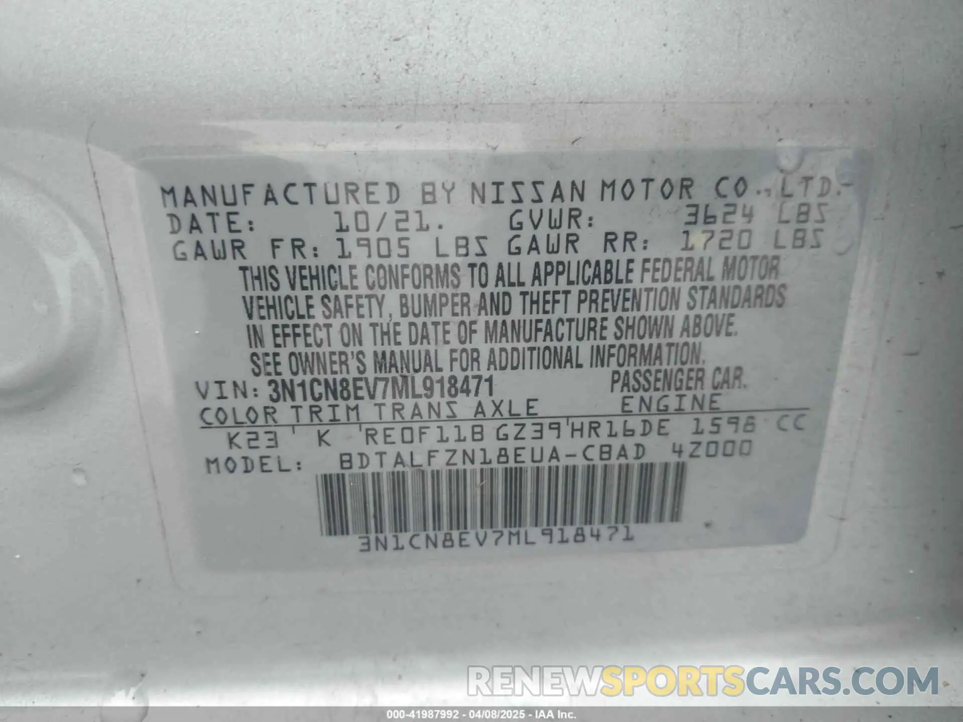 9 Photograph of a damaged car 3N1CN8EV7ML918471 NISSAN VERSA 2021